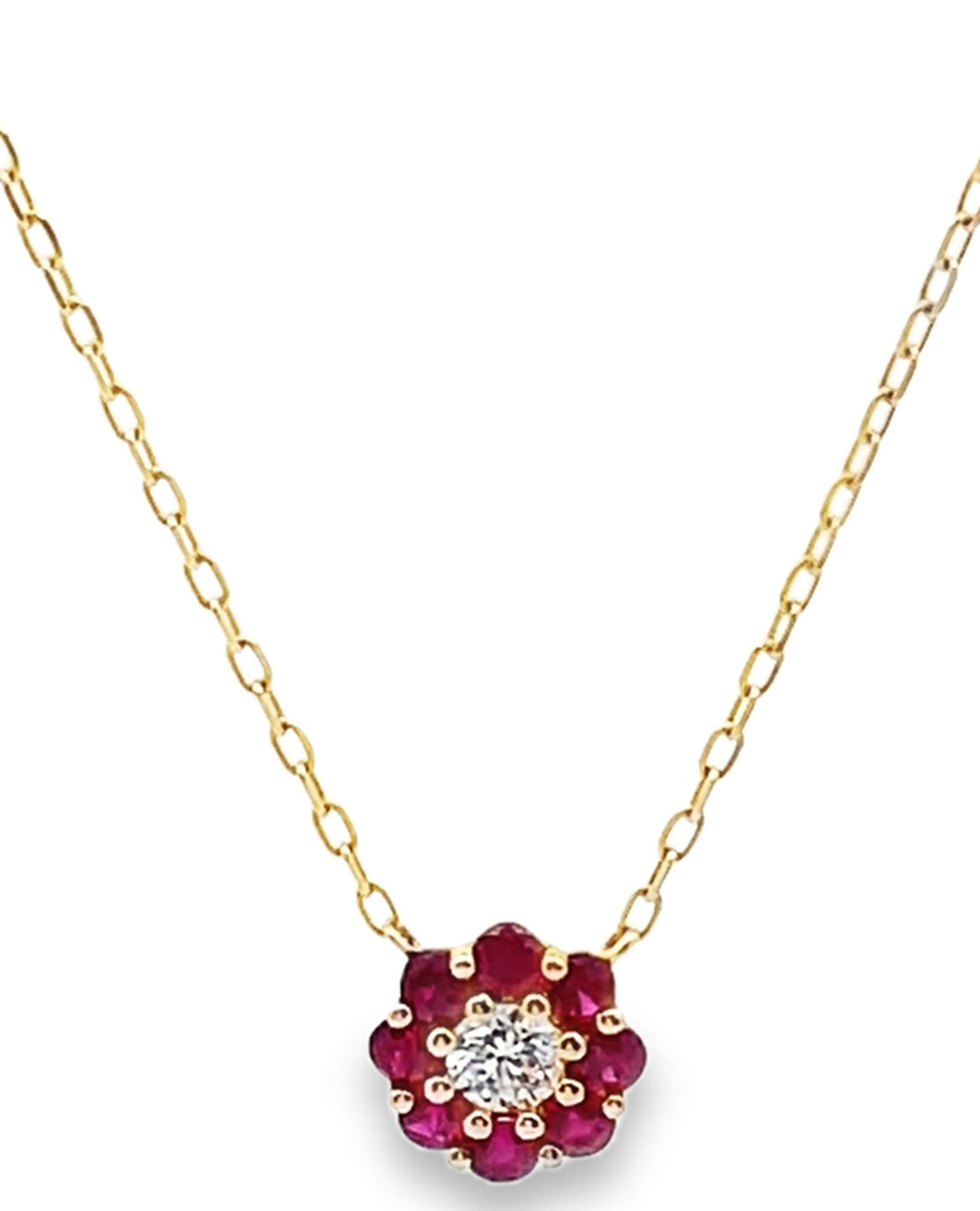 14K Yellow Gold Petite Flower Necklace with Rubies and Diamond