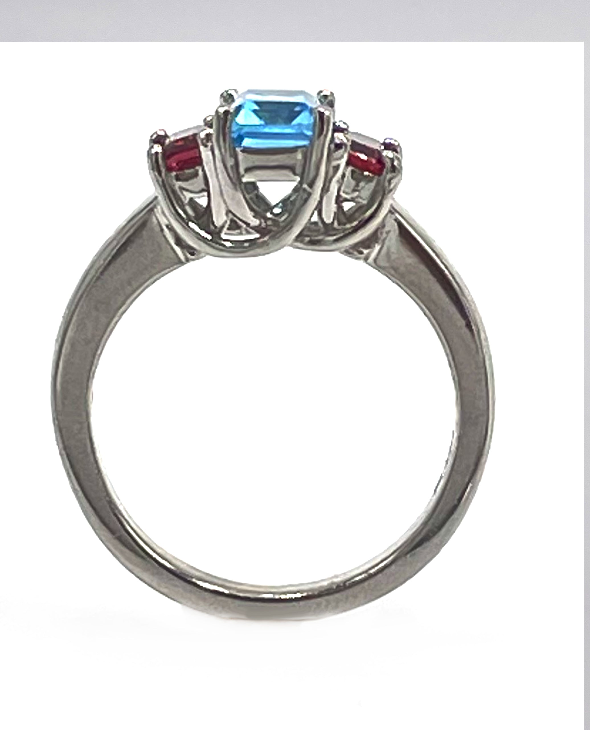 Platinum Three Stone Pink Tourmaline and Blue Topaz Ring