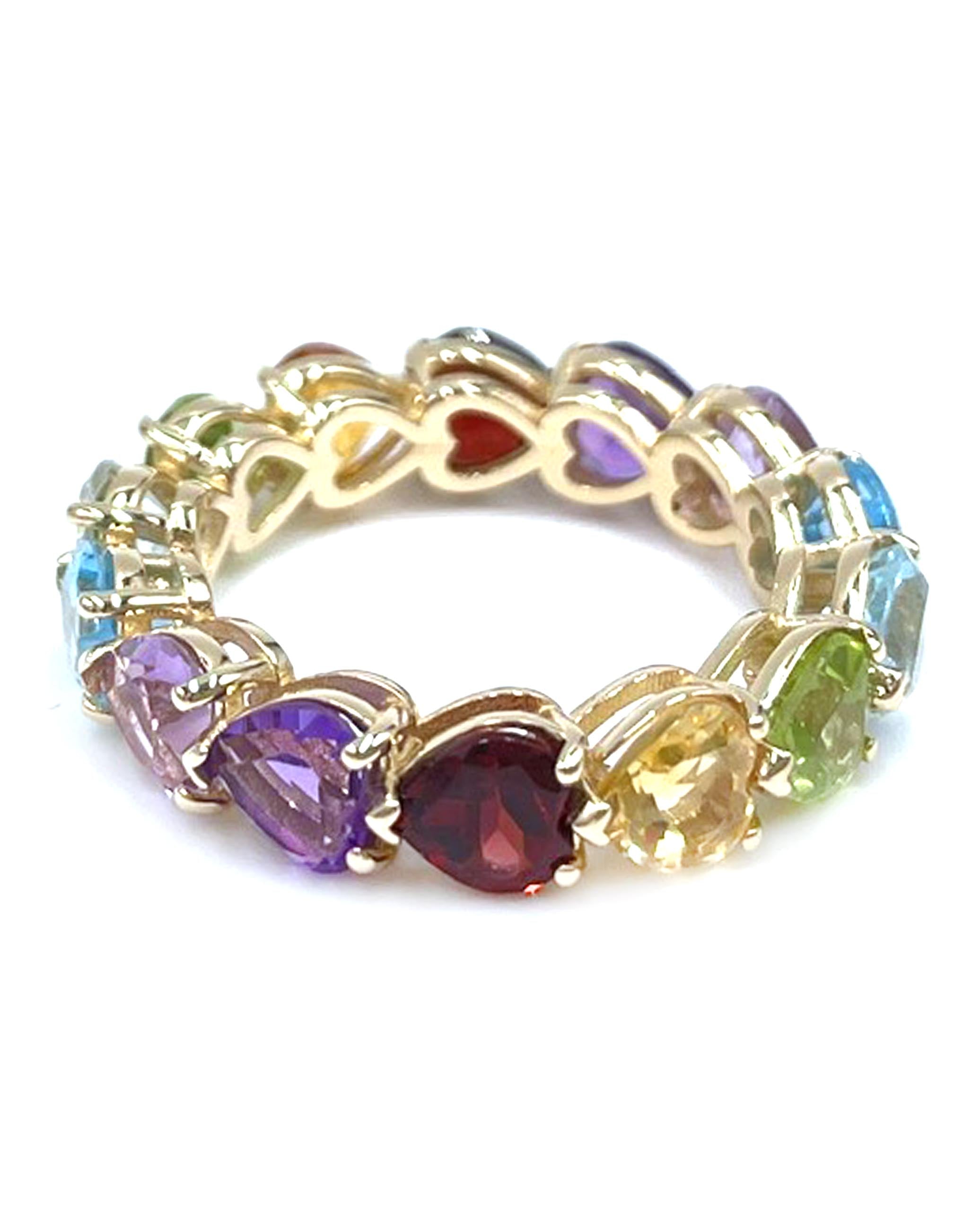 Rainbow Heart Shaped Eternity Ring in 14K Yellow Gold