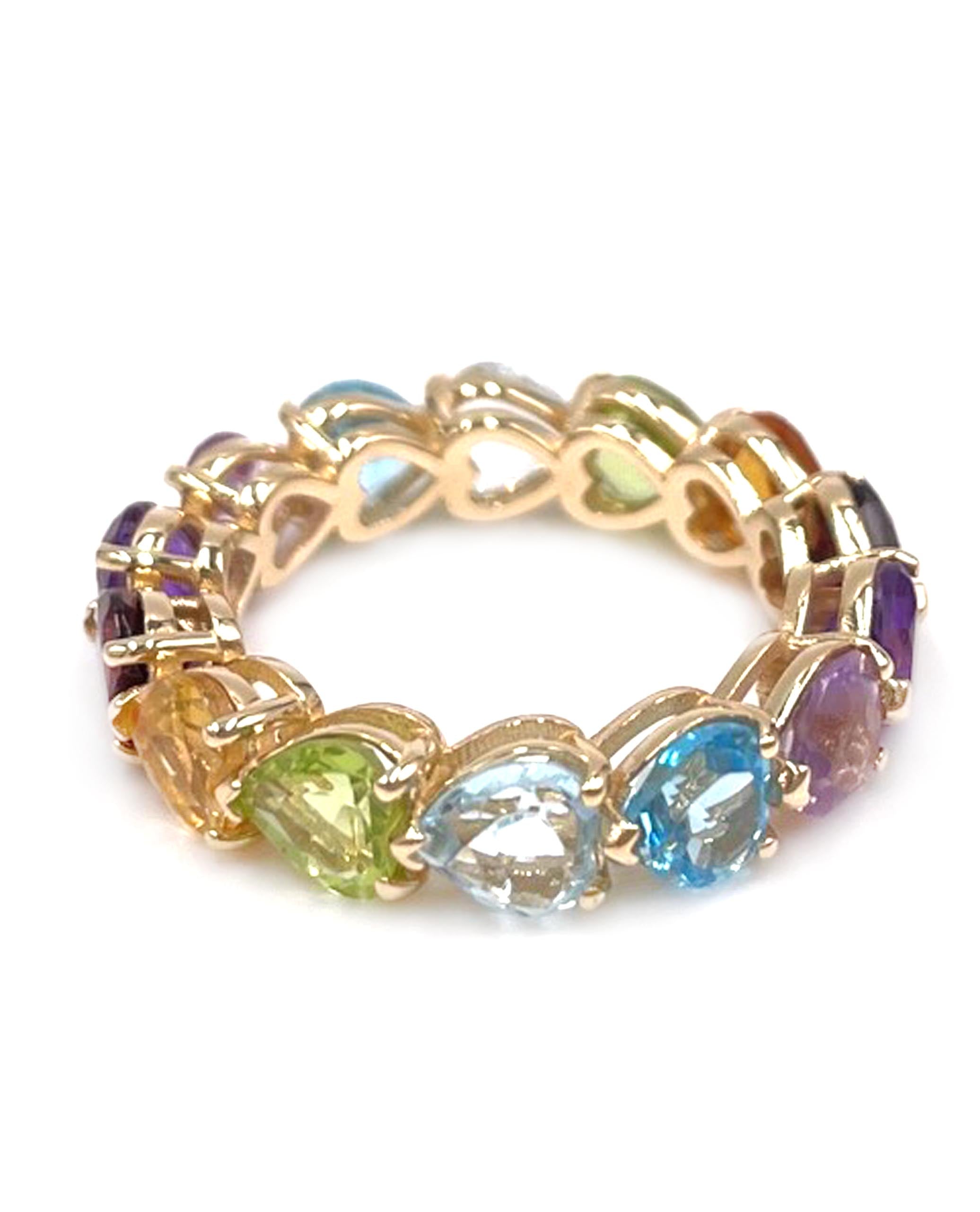 Rainbow Heart Shaped Eternity Ring in 14K Yellow Gold