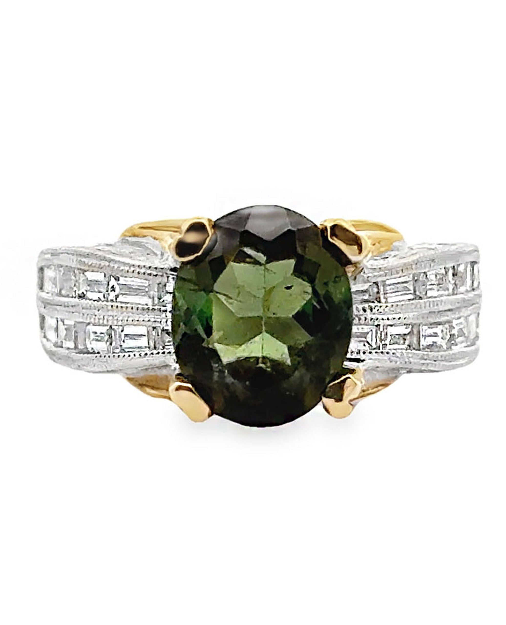 Oval Green Tourmaline Solitaire Ring in Two Tone Hand Engraved Diamond Setting