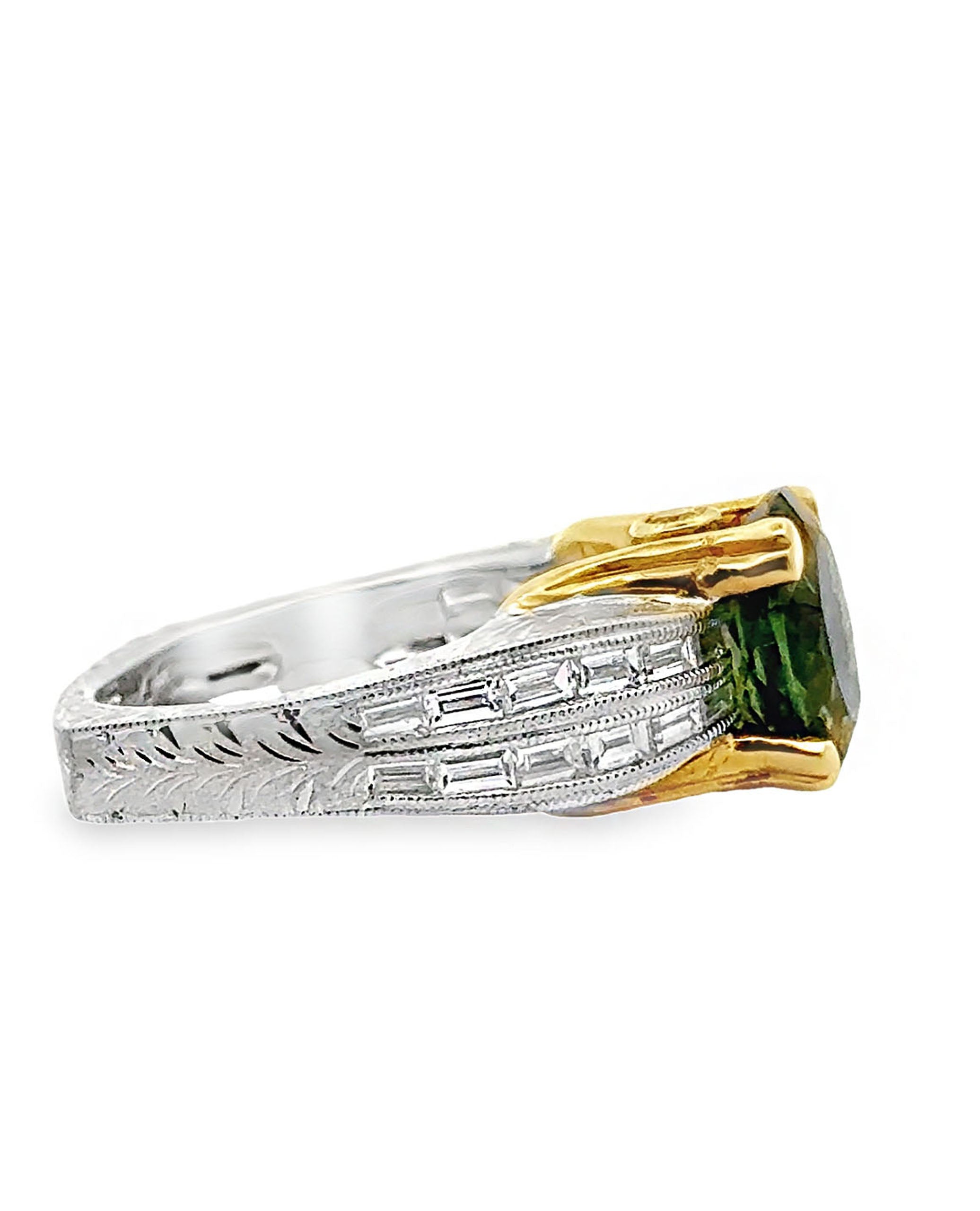 Oval Green Tourmaline Solitaire Ring in Two Tone Hand Engraved Diamond Setting