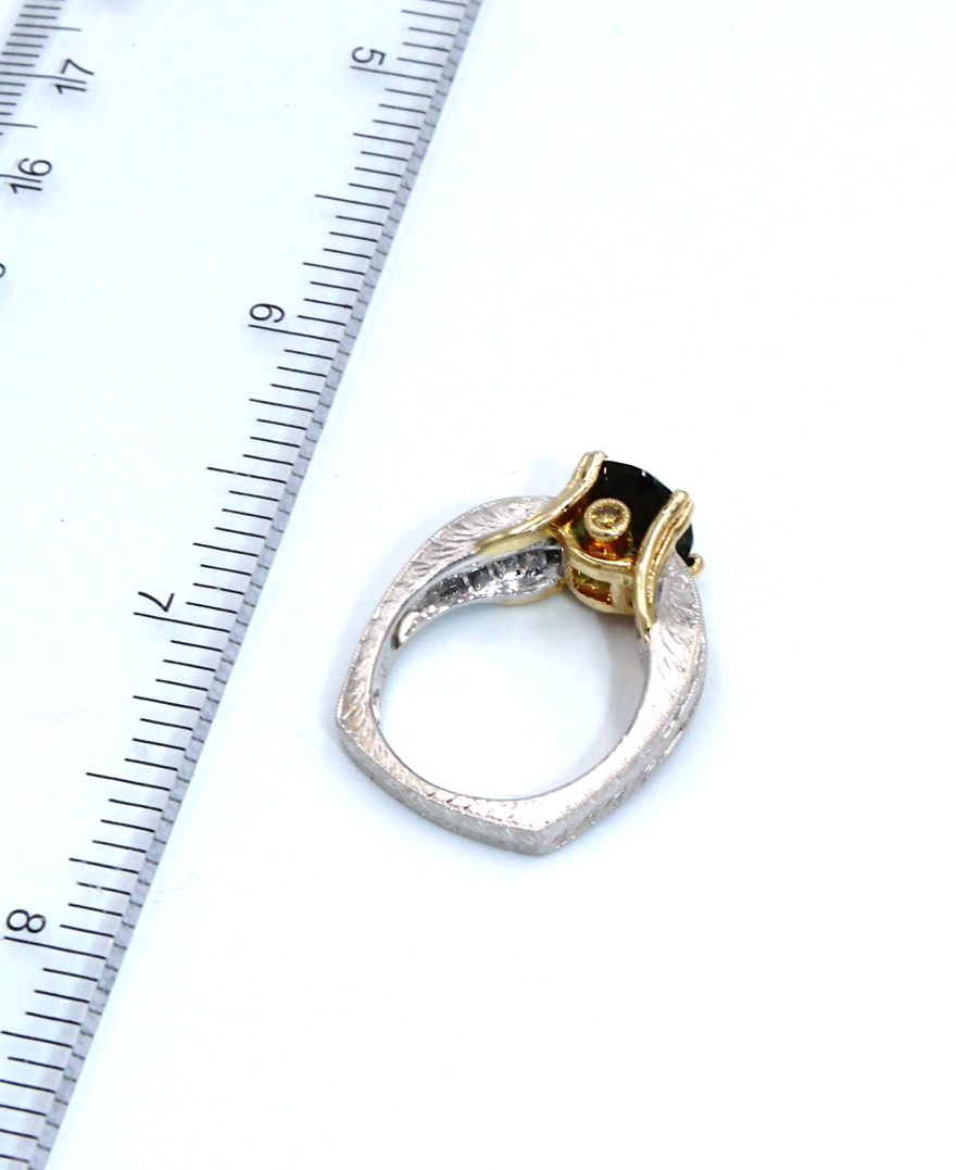 Oval Green Tourmaline Solitaire Ring in Two Tone Hand Engraved Diamond Setting