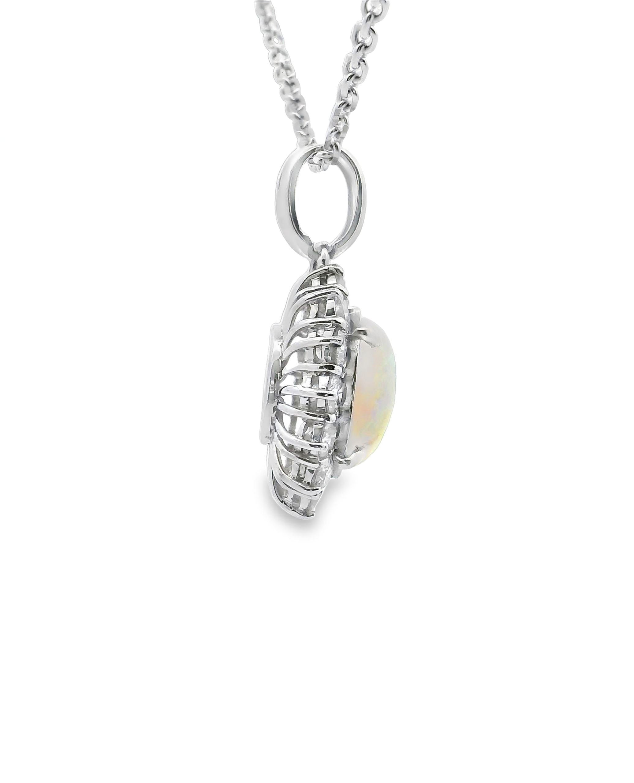 3.60 Ct Oval Opal & Diamond Pendant 14K White Gold Starburst Necklace