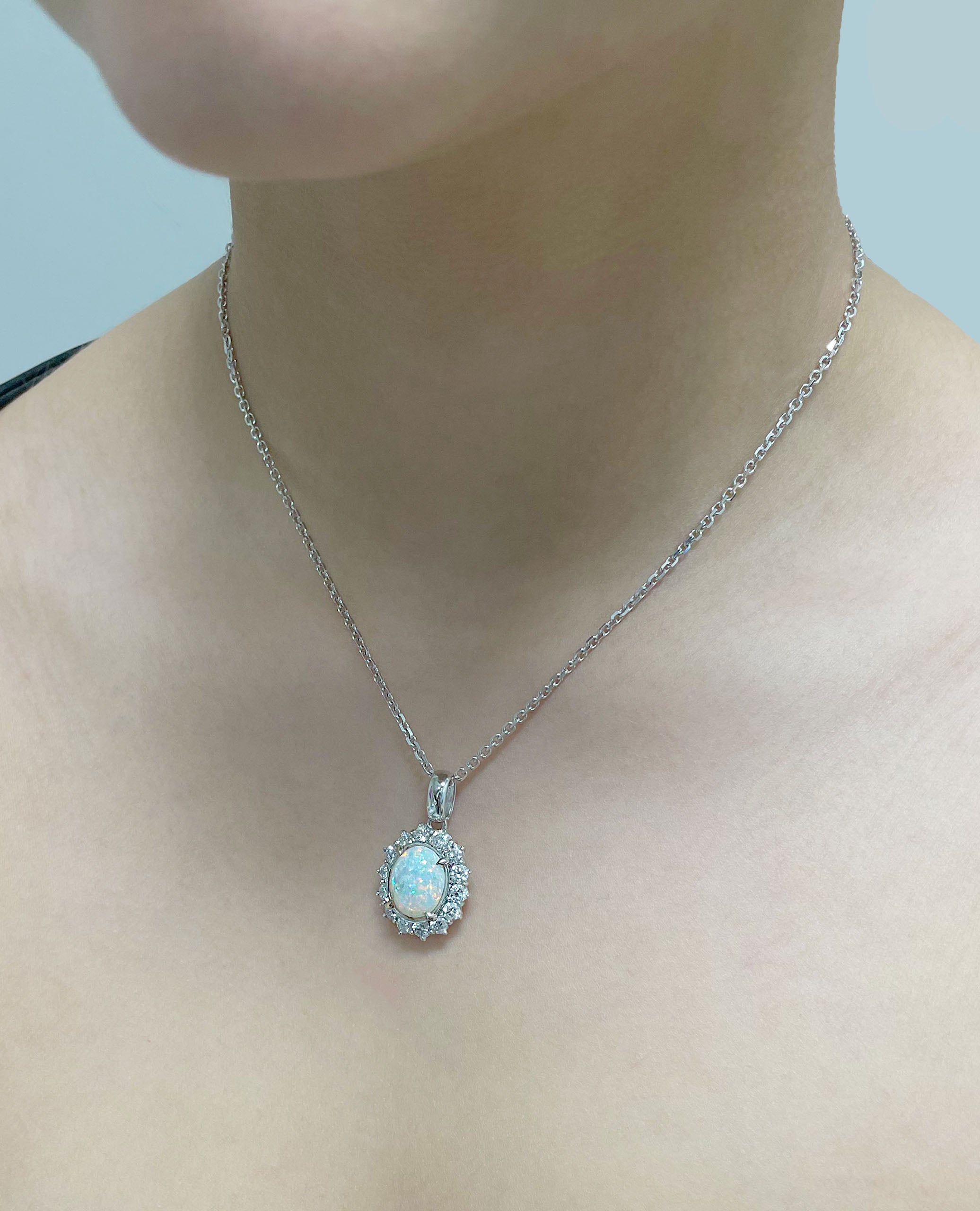 Oval Opal and Diamond Pendant Necklace in 14K White Gold