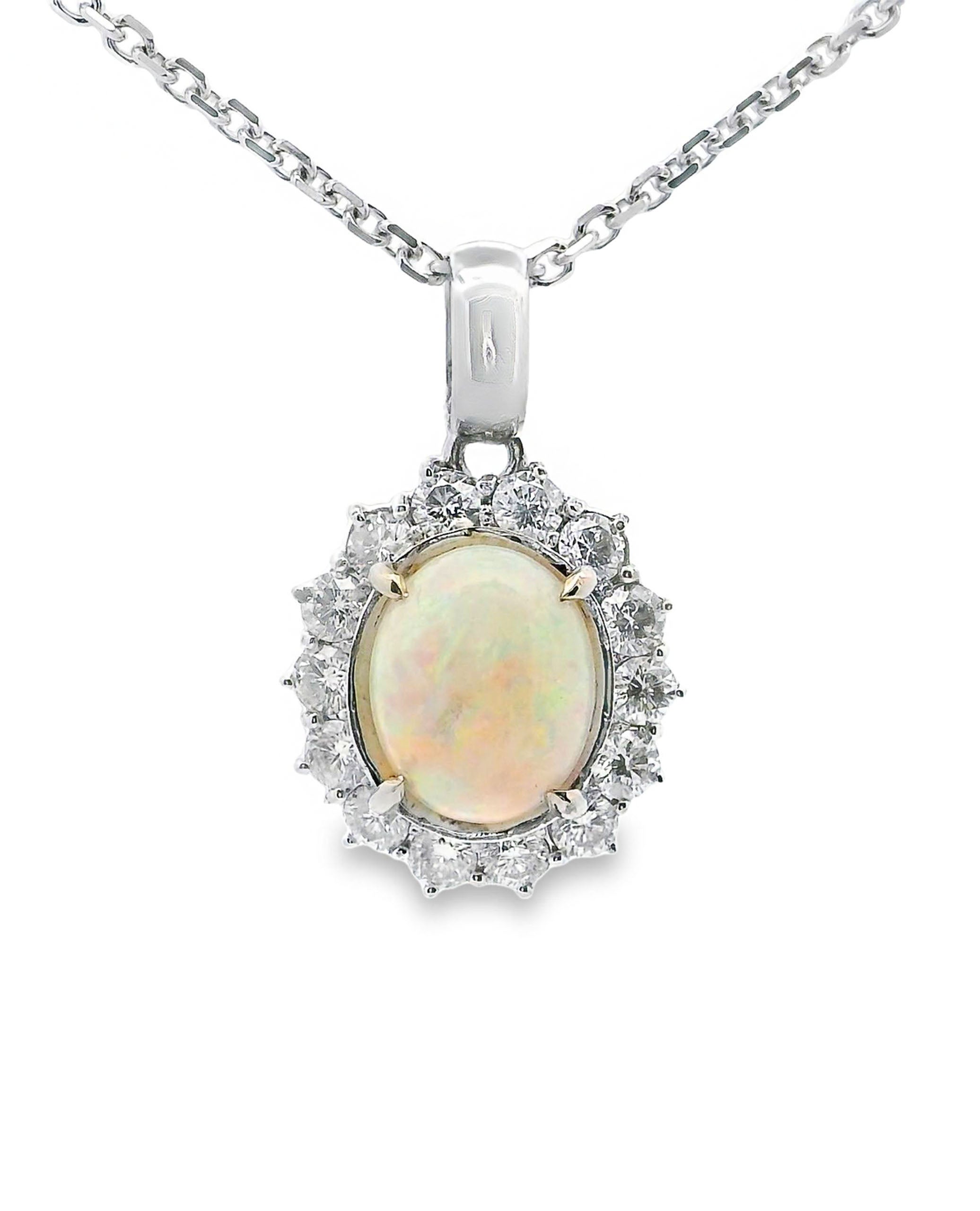 Oval Opal and Diamond Pendant Necklace in 14K White Gold
