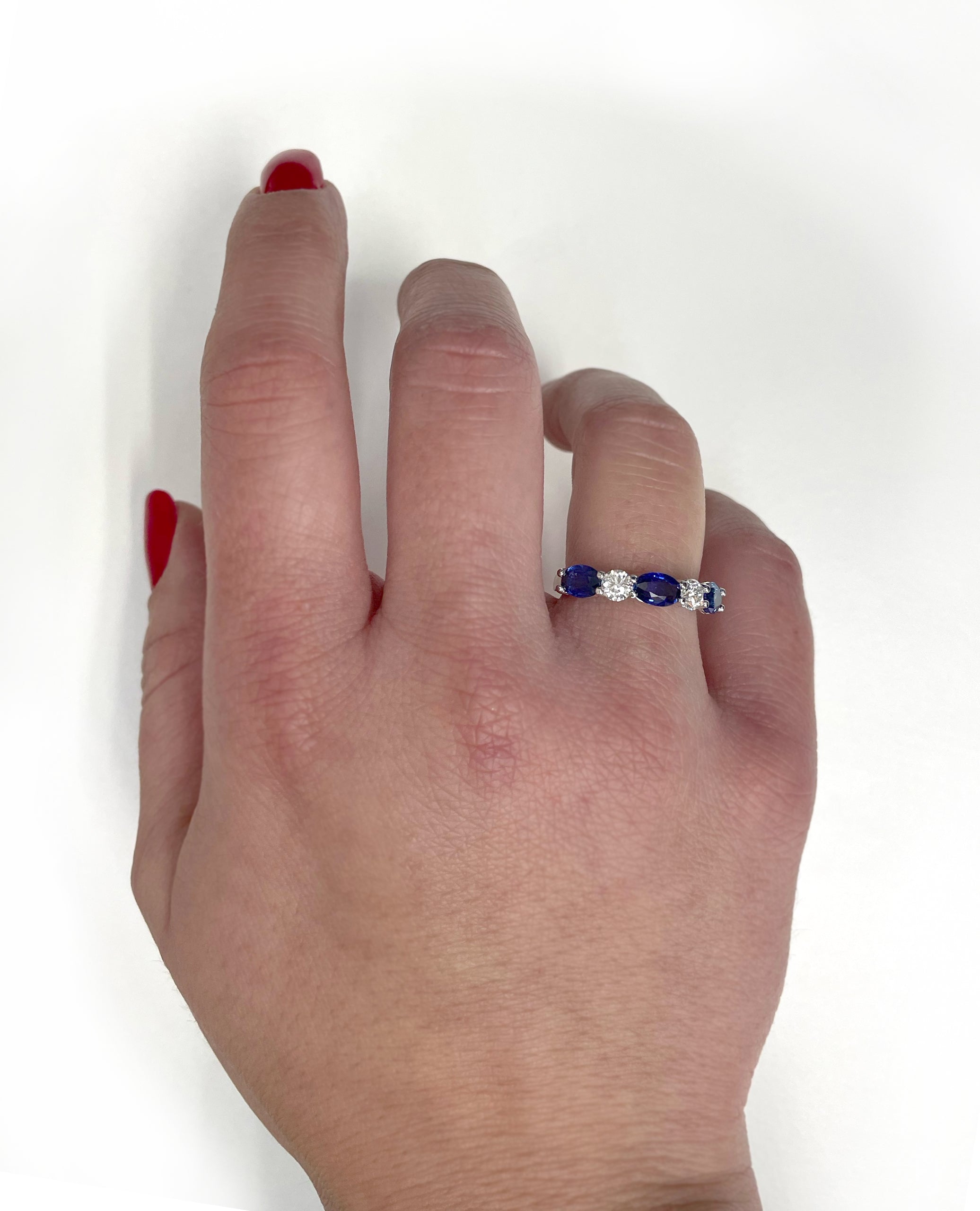 Three Oval Sapphire and Two Diamond Ring in 18K White Gold High Polish Ring