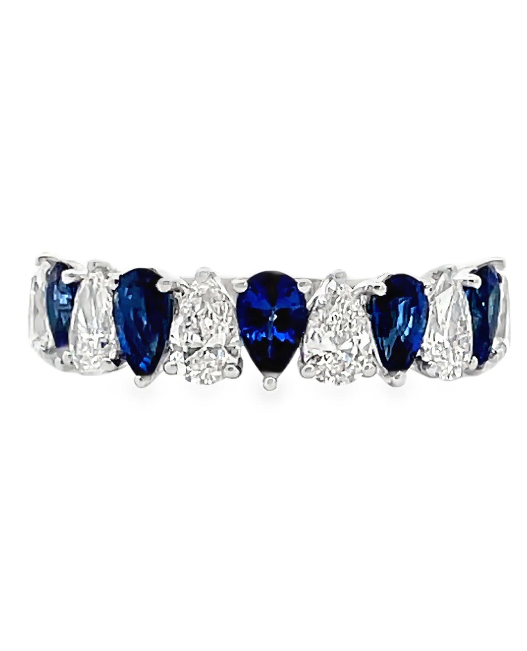 18K White Gold Ring with Single Row Alternating Pear Shaped Blue Sapphires 1.18 Carats and Pear Shaped Diamonds 1.19 Carats