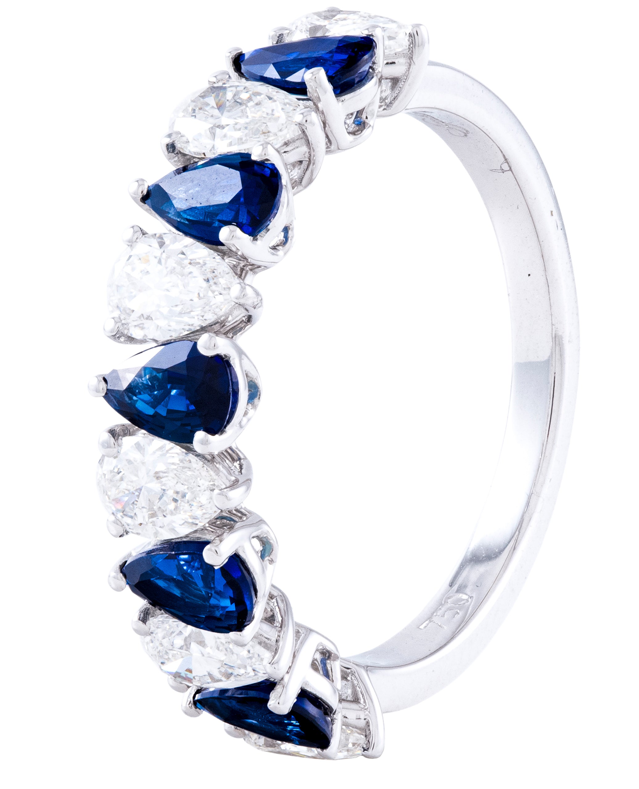 18K White Gold Ring with Single Row Alternating Pear Shaped Blue Sapphires 1.18 Carats and Pear Shaped Diamonds 1.19 Carats