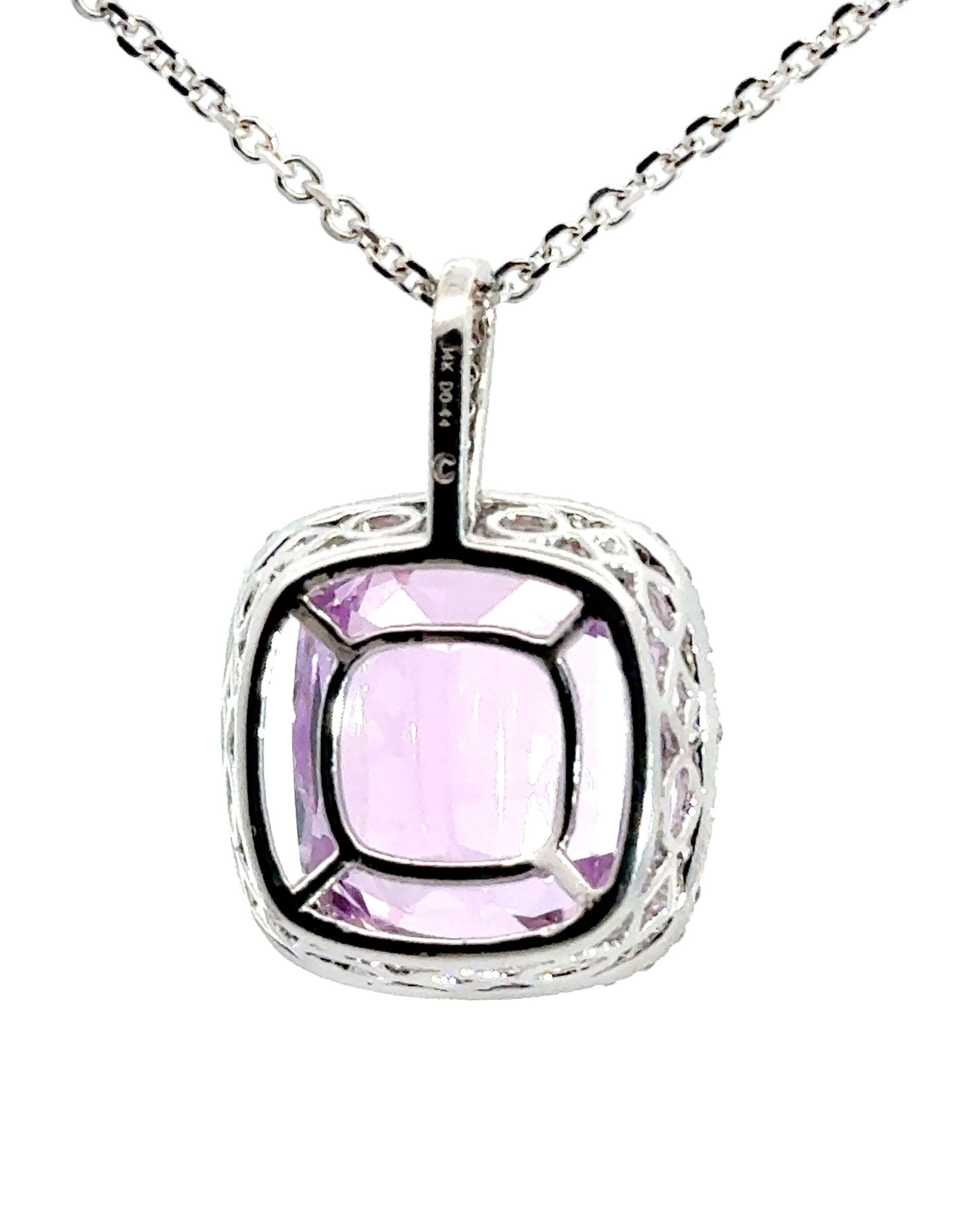 14K White Gold Halo Necklace with Kunzite and Diamonds