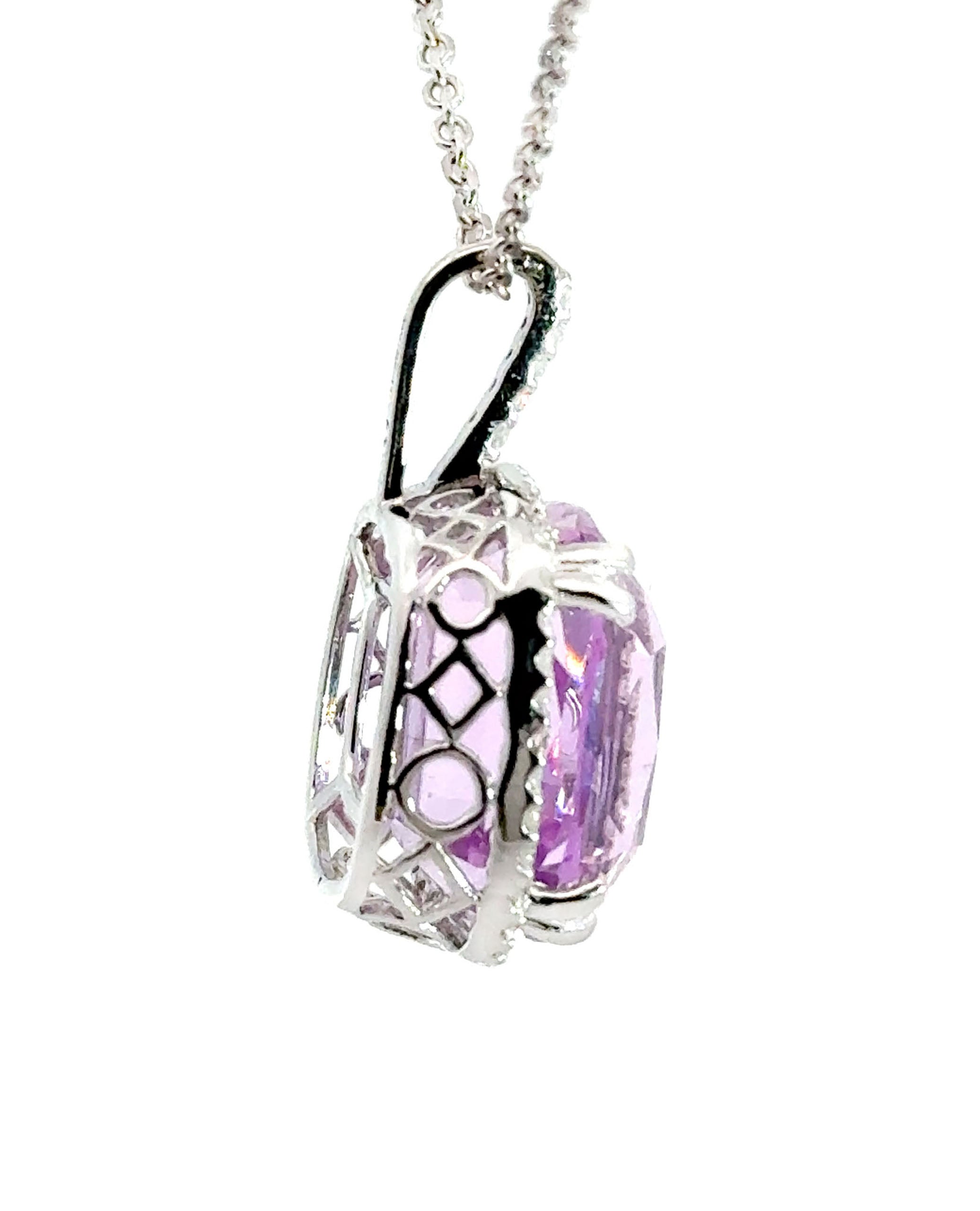 14K White Gold Halo Necklace with Kunzite and Diamonds