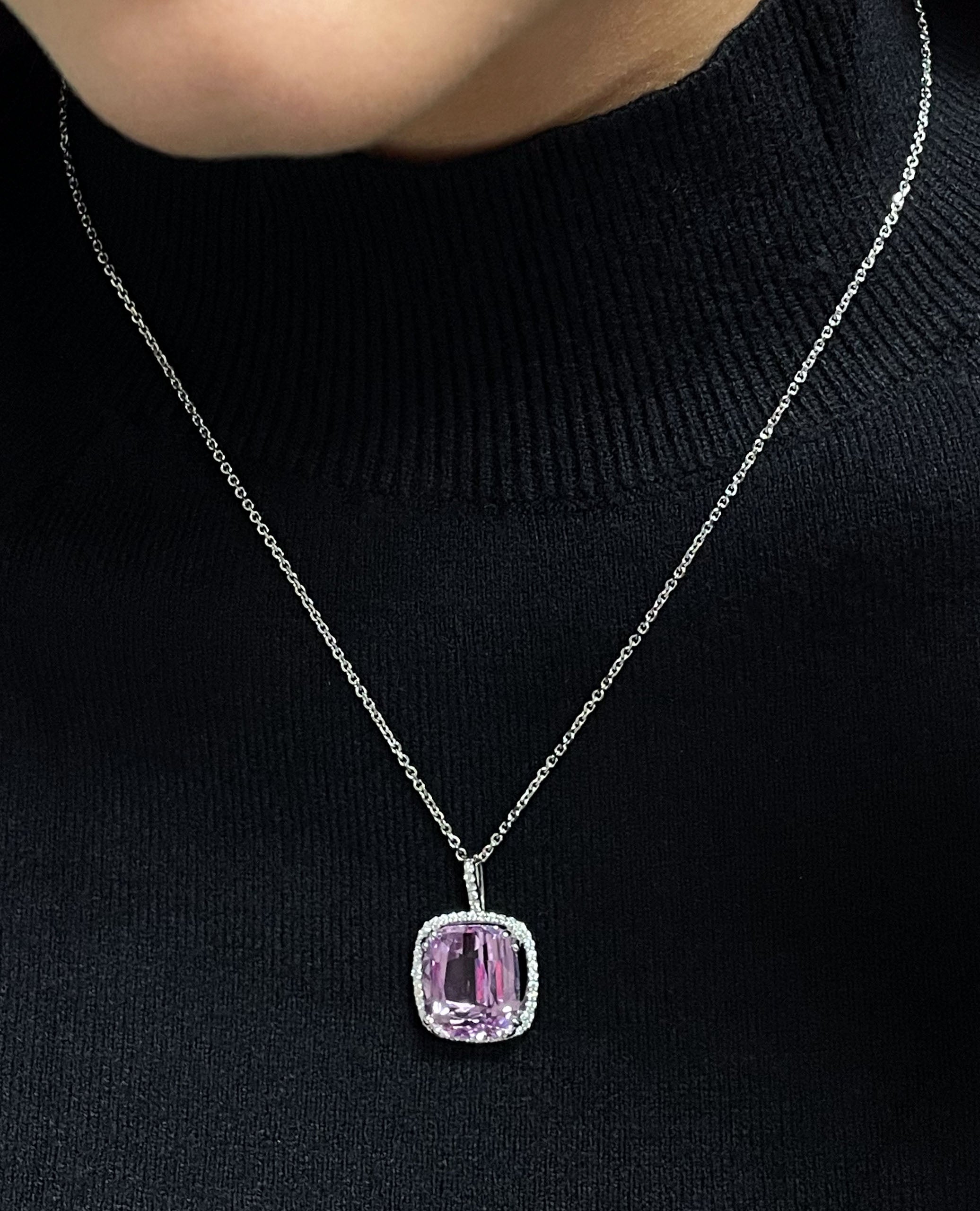 14K White Gold Halo Necklace with Kunzite and Diamonds