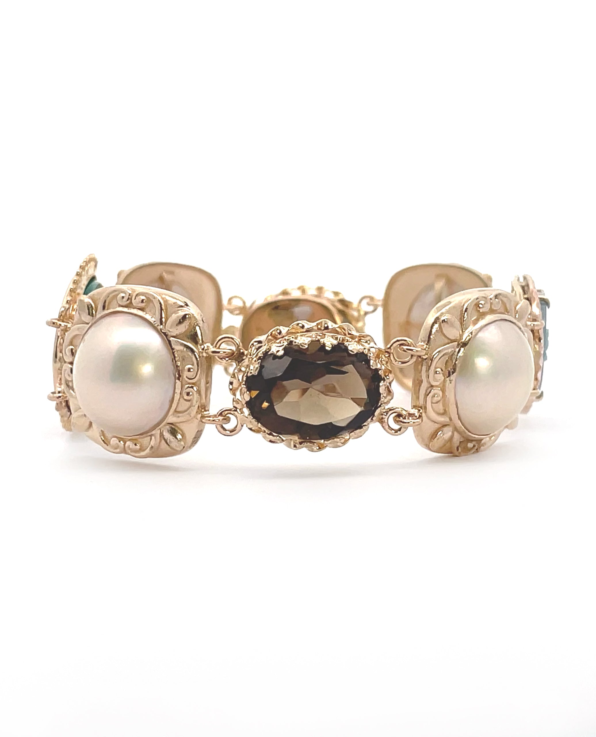 Heirloom Bracelet 14K Yellow Gold, Mobe Pearl, Cameo and Smokey Topaz