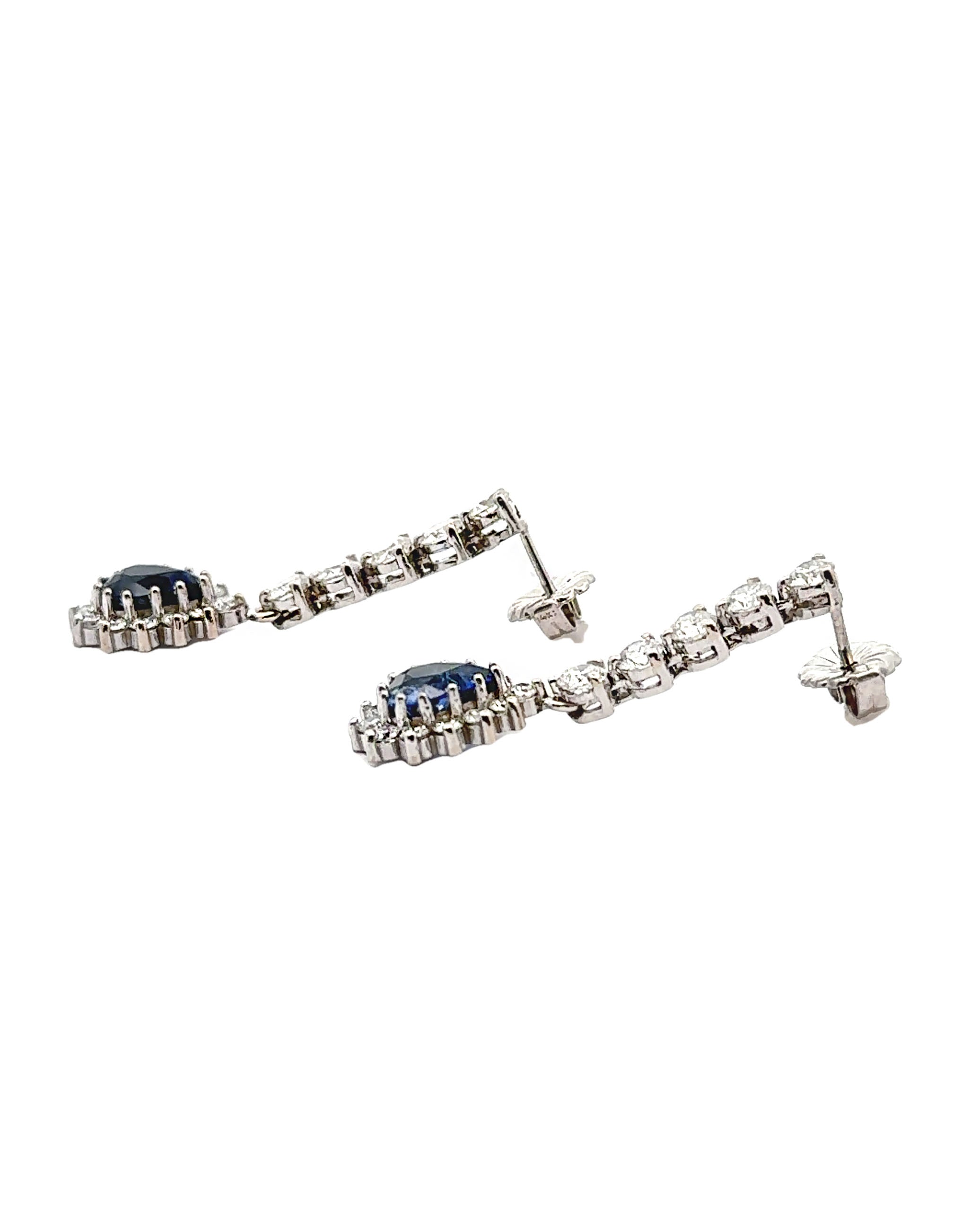 14K White Gold Long Earrings with Diamonds and Sapphires