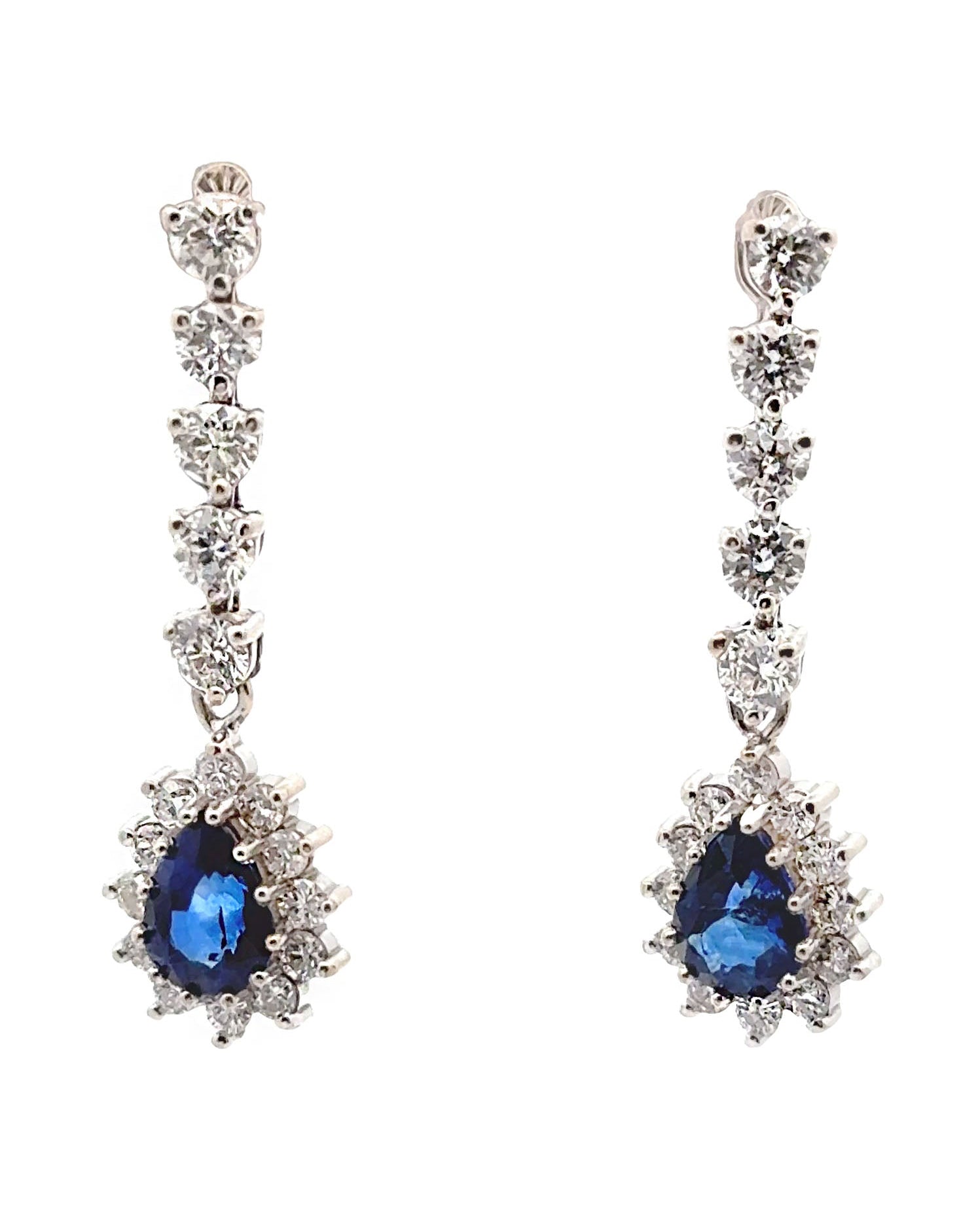 2.96 Ct Sapphire Pear Shaped Starburst Diamond Drop Earrings in 14k White Gold