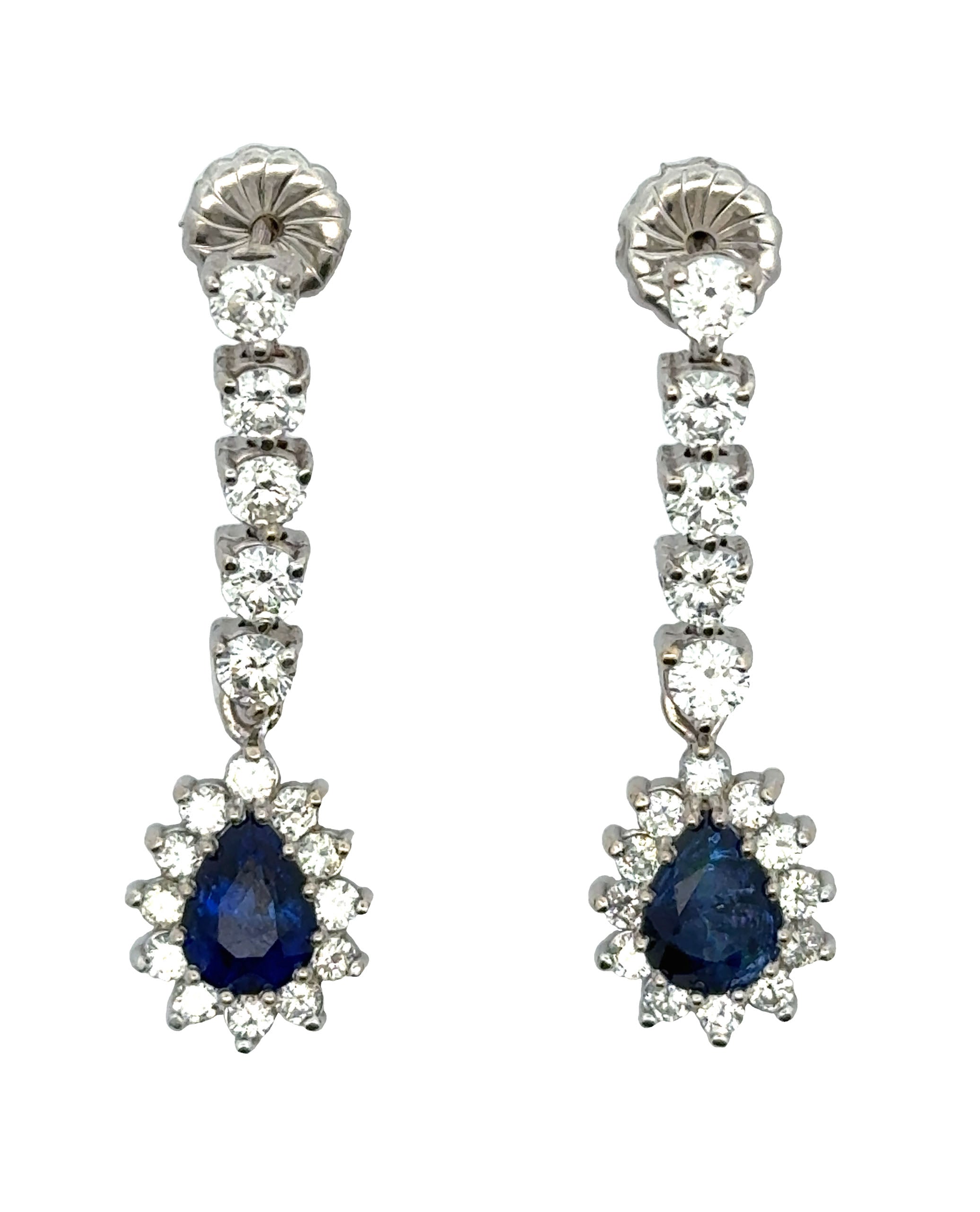 14K White Gold Long Earrings with Diamonds and Sapphires