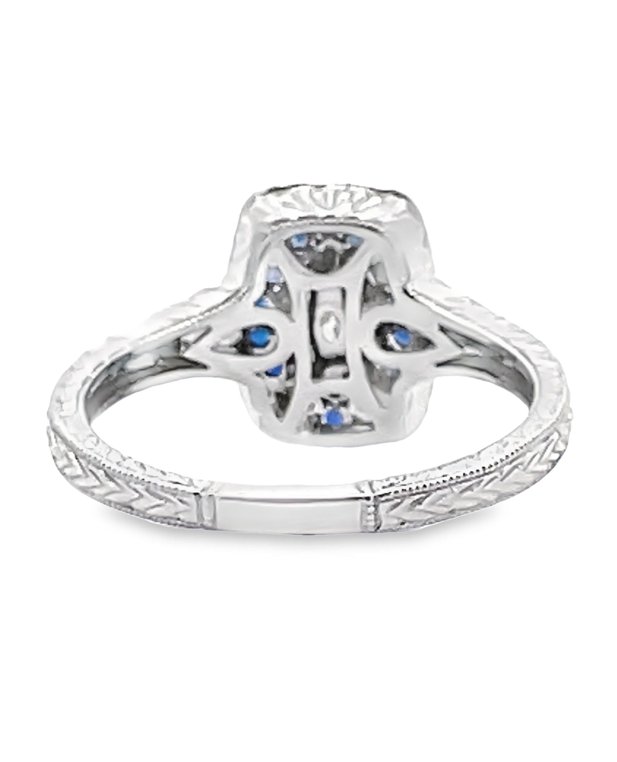 14K White Gold Antique Inspired Ring with Diamond and Sapphire