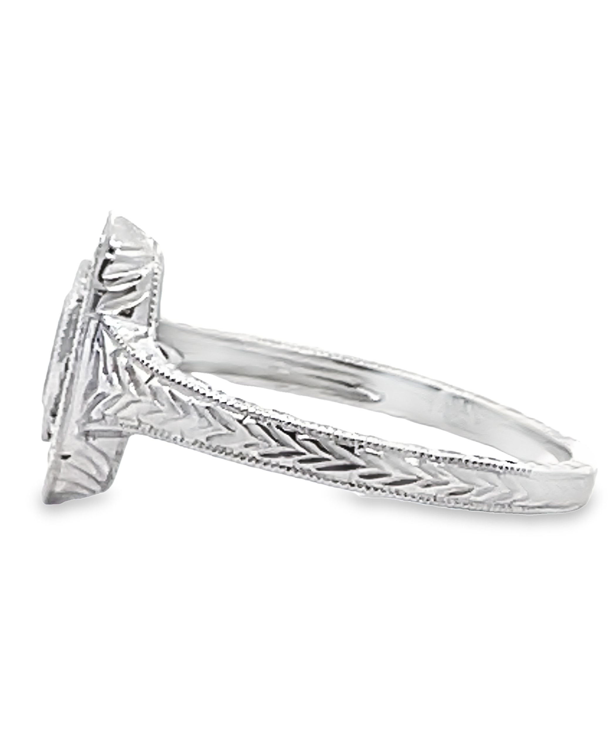 14K White Gold Antique Inspired Ring with Diamond and Sapphire