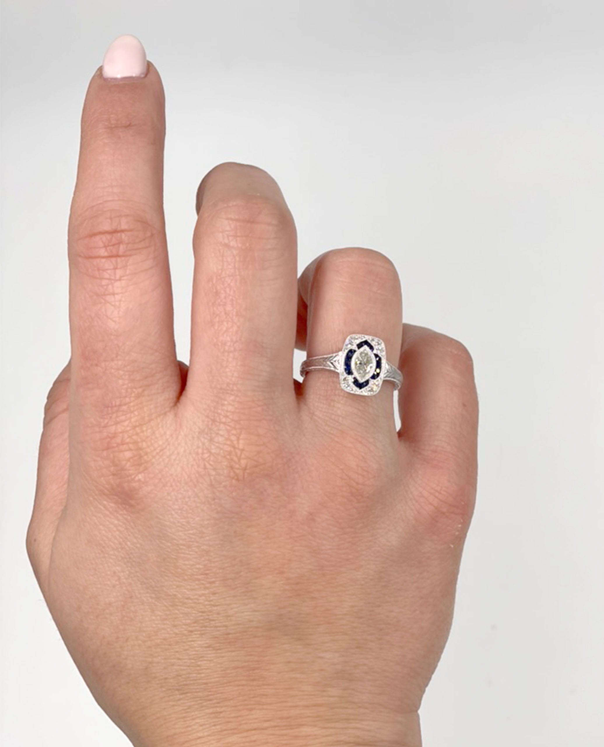 14K White Gold Antique Inspired Ring with Diamond and Sapphire