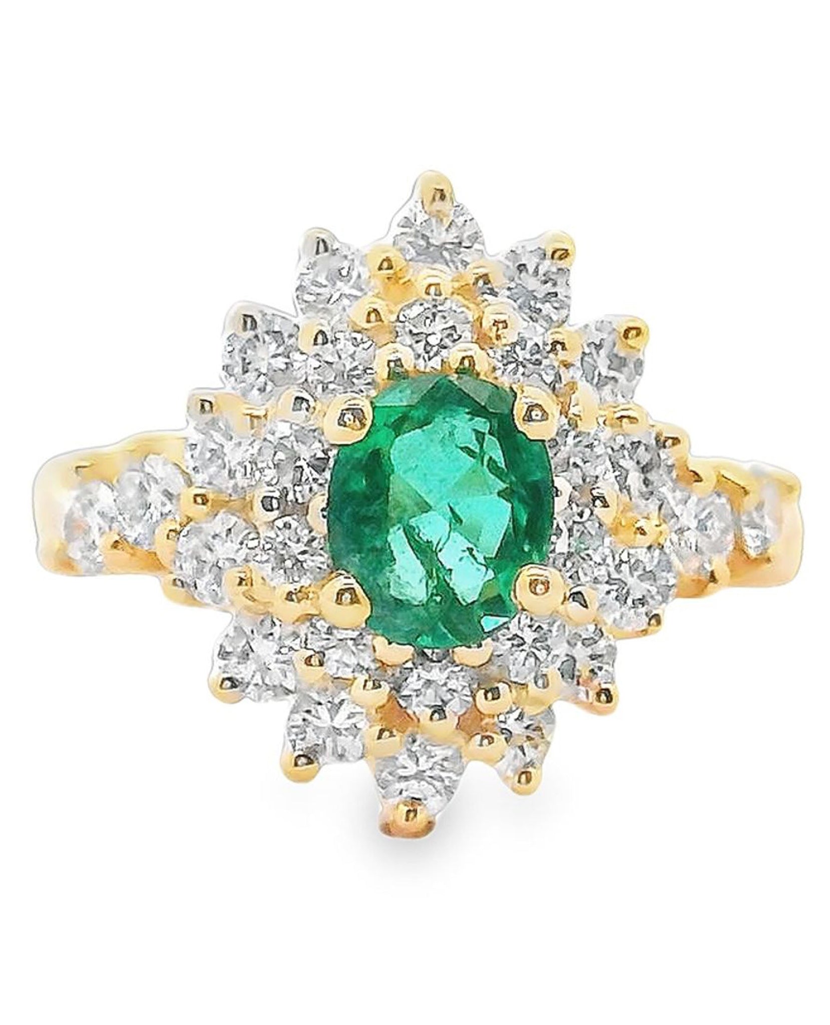 14K Yellow Gold Oval Emerald 0.70 Carats and 28 Round Diamonds 1.00 Carats Ring