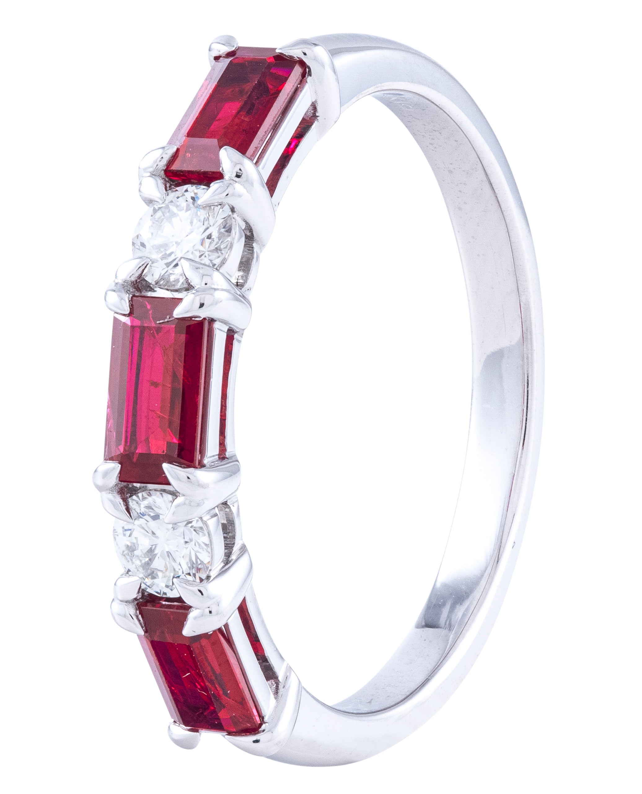 18K White Gold Ring with Single Row Alternating Rubies 0.90 Carats and Diamonds 0.21 Carats