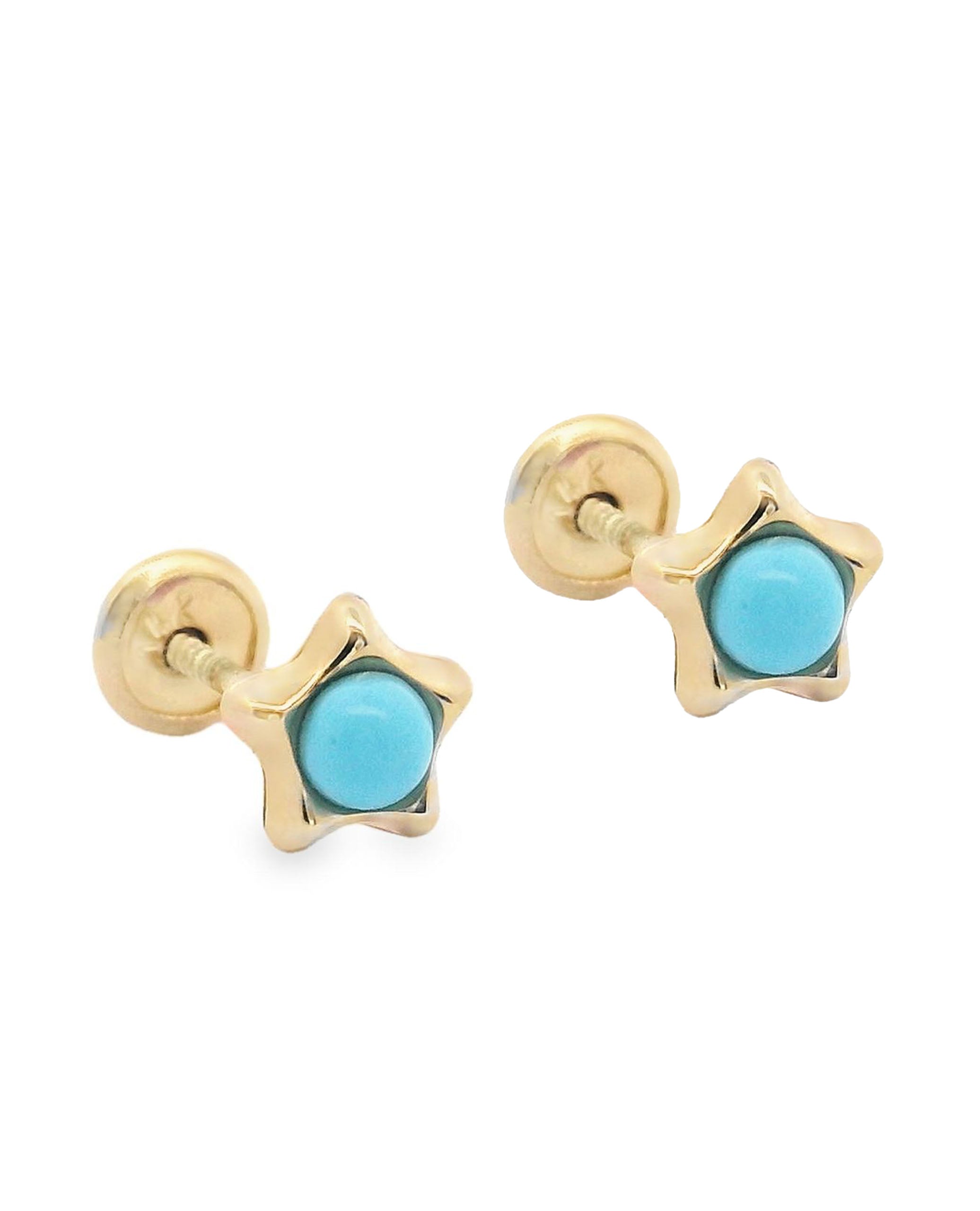 14K Yellow Gold Star Earrings Turquoise with Screwbacks