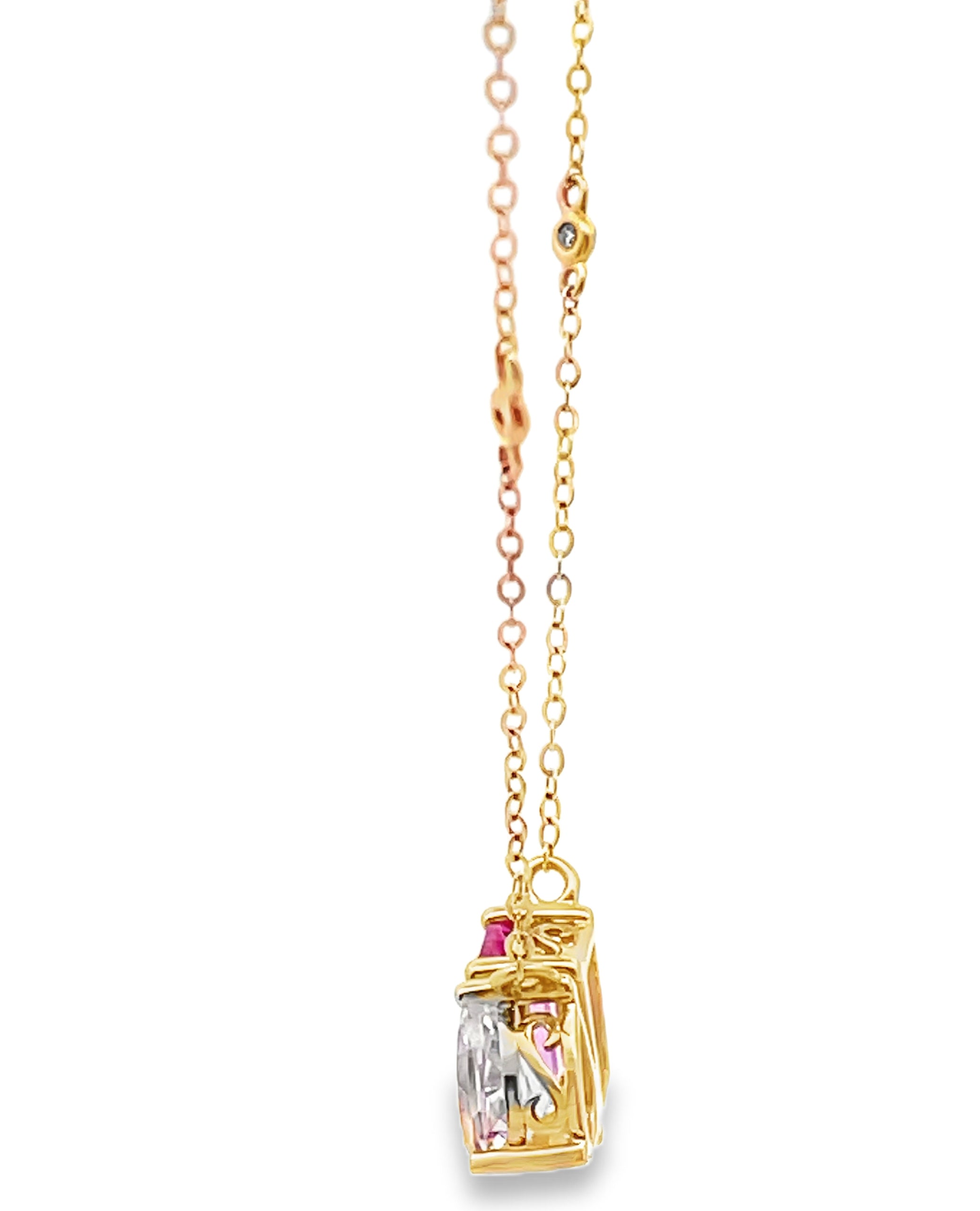 14K Yellow Gold Pink Corundum and White Topaz Necklace