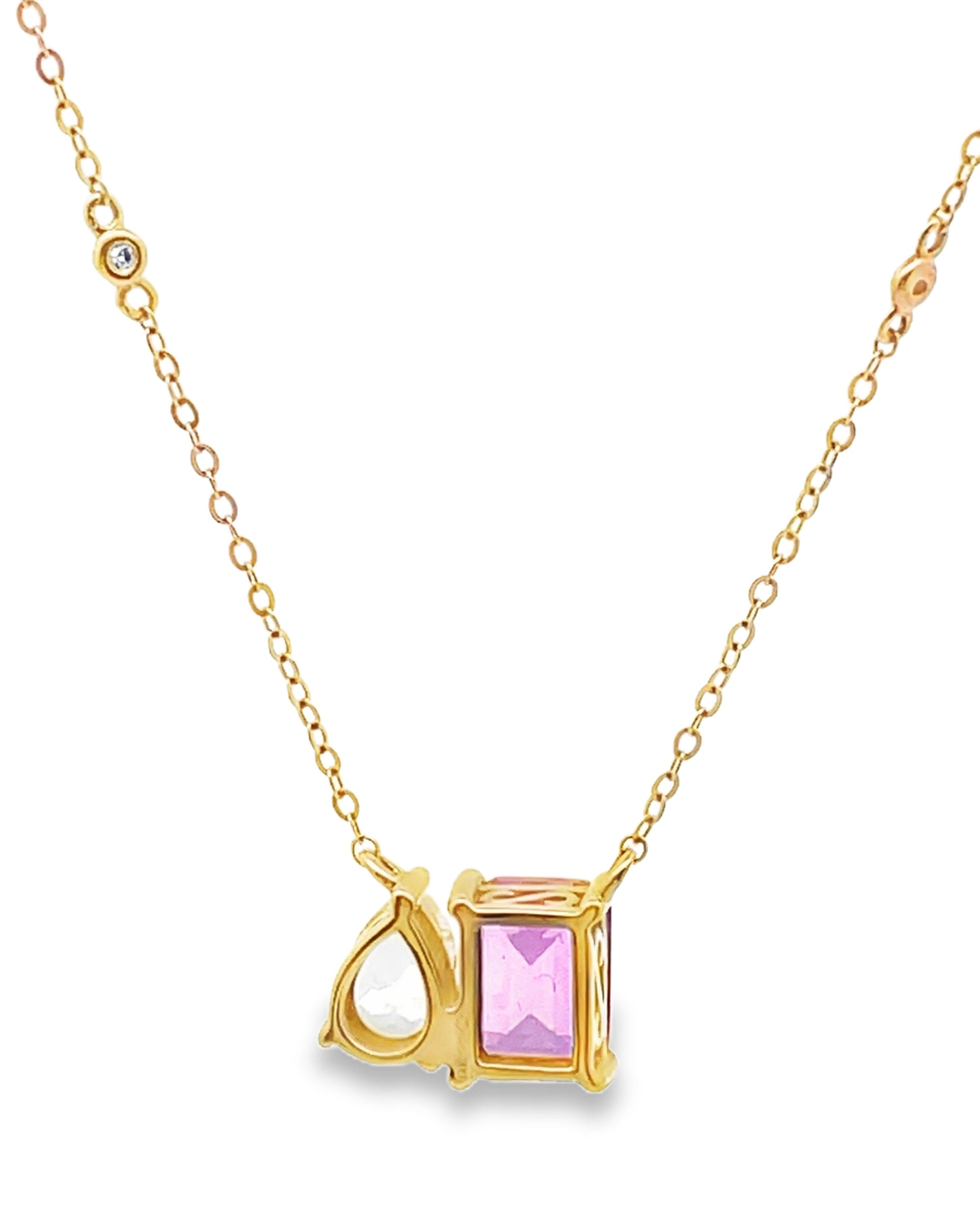 14K Yellow Gold Pink Corundum and White Topaz Necklace
