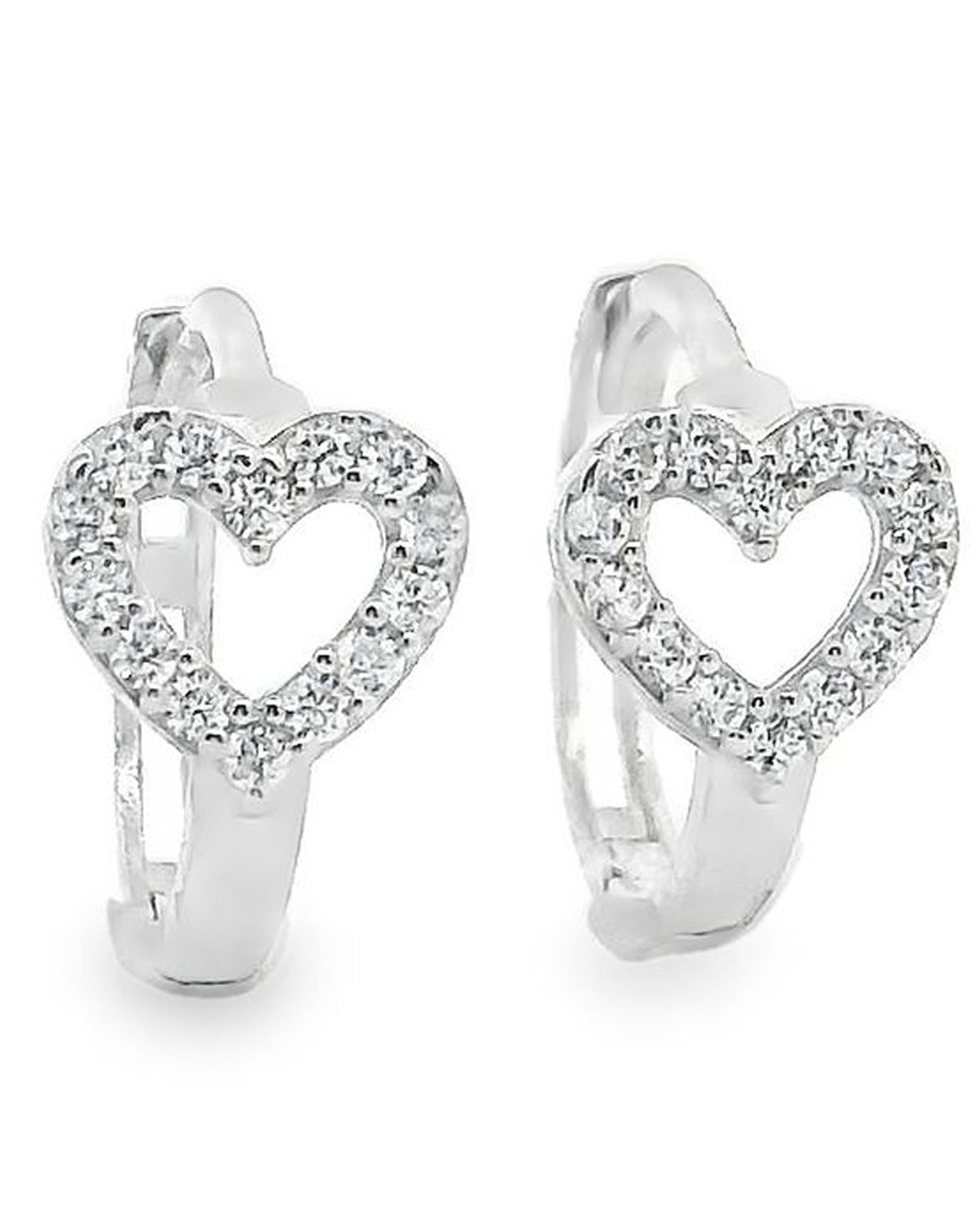 14K White Gold Open Heart Small Huggie Hoop Earrings With CZ