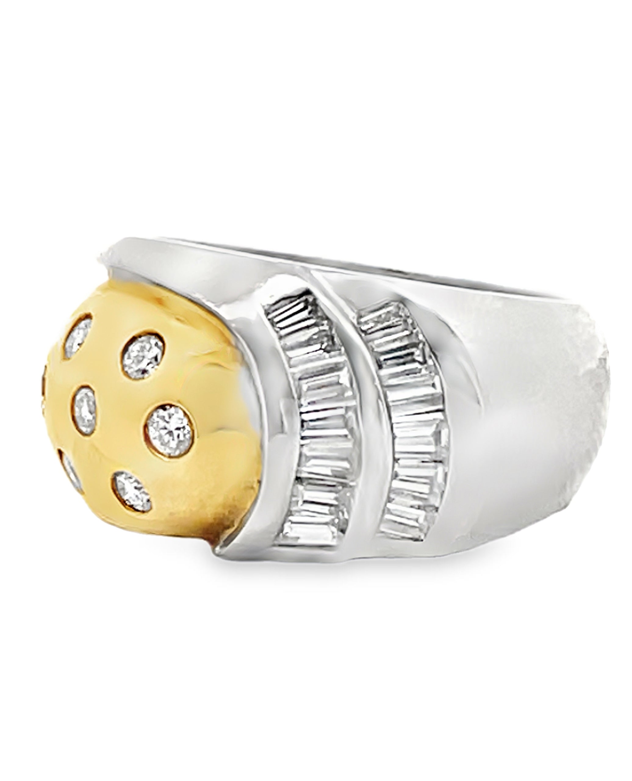 Vintage Platinum and 18k Yellow Gold Two Tone Dome Ring with Round and Baguette Diamonds 0.88 Carats