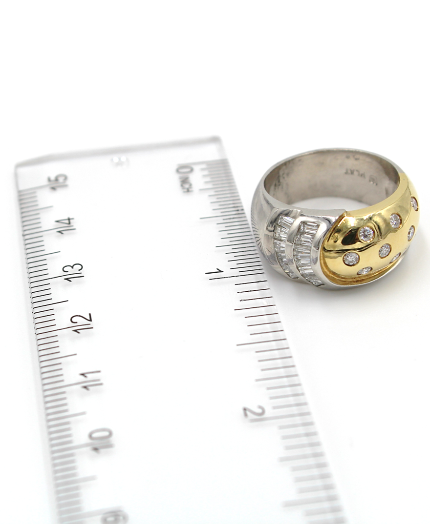 Vintage Platinum and 18k Yellow Gold Two Tone Dome Ring with Round and Baguette Diamonds 0.88 Carats