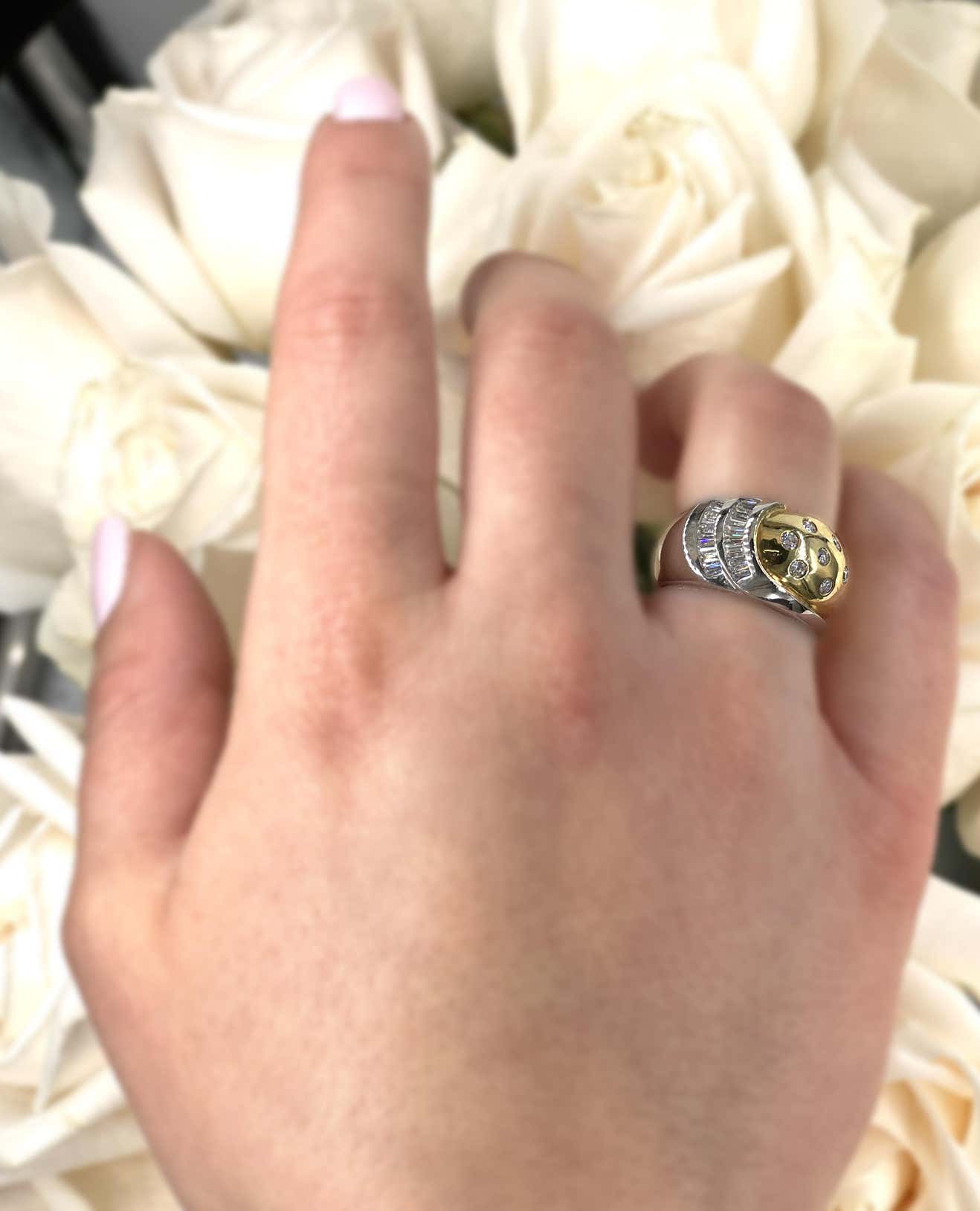 Vintage Platinum and 18k Yellow Gold Two Tone Dome Ring with Round and Baguette Diamonds 0.88 Carats