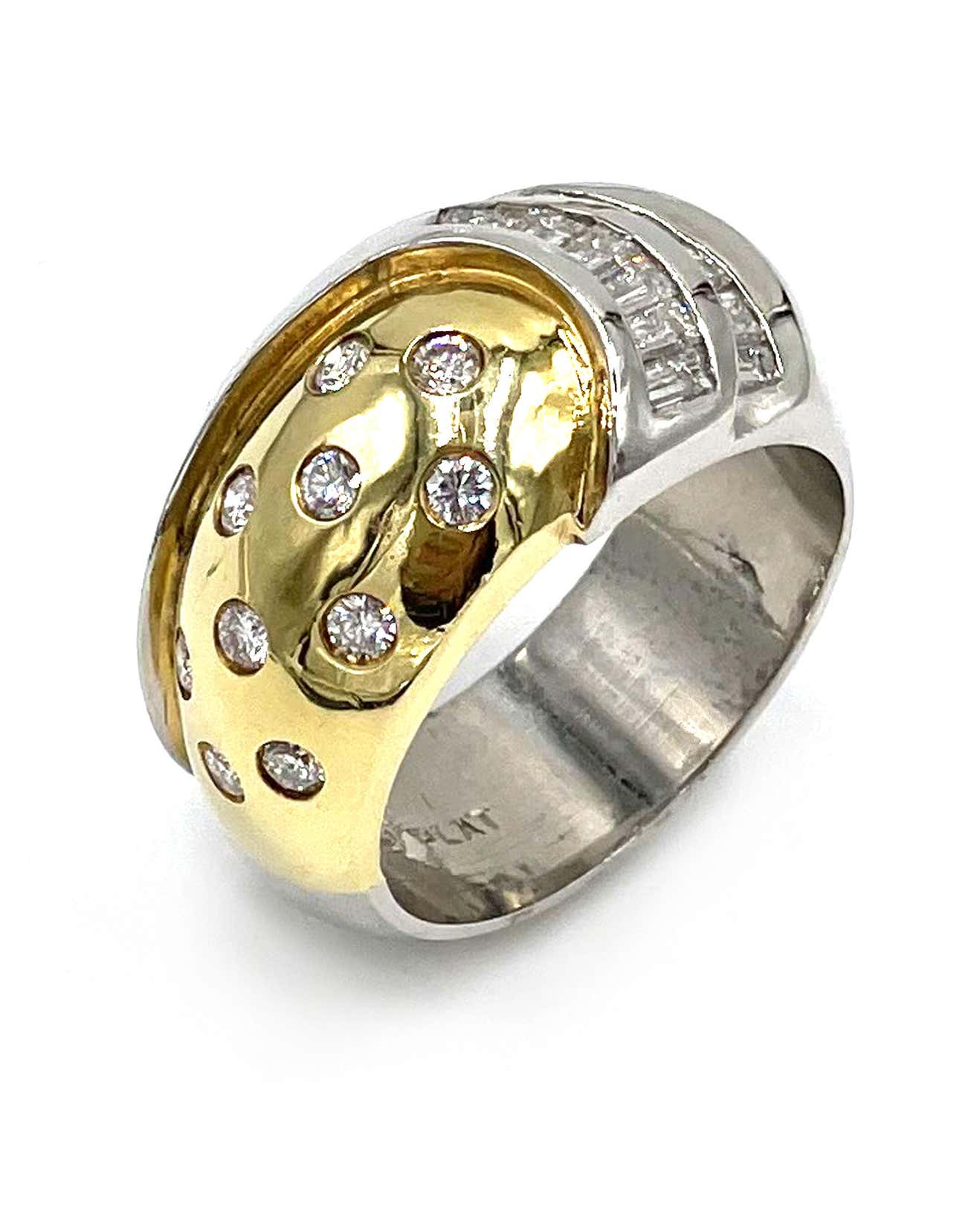 Vintage Platinum and 18k Yellow Gold Two Tone Dome Ring with Round and Baguette Diamonds 0.88 Carats