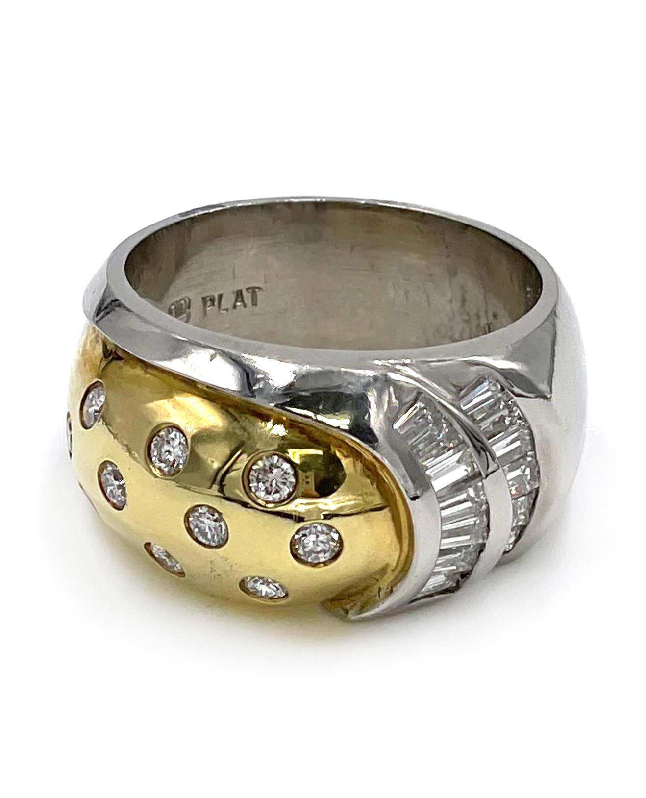 Vintage Platinum and 18k Yellow Gold Two Tone Dome Ring with Round and Baguette Diamonds 0.88 Carats