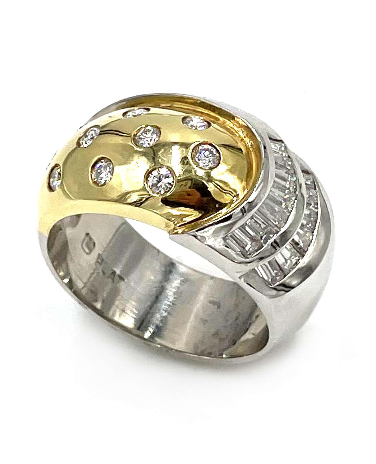 Vintage Platinum and 18k Yellow Gold Two Tone Dome Ring with Round and Baguette Diamonds 0.88 Carats