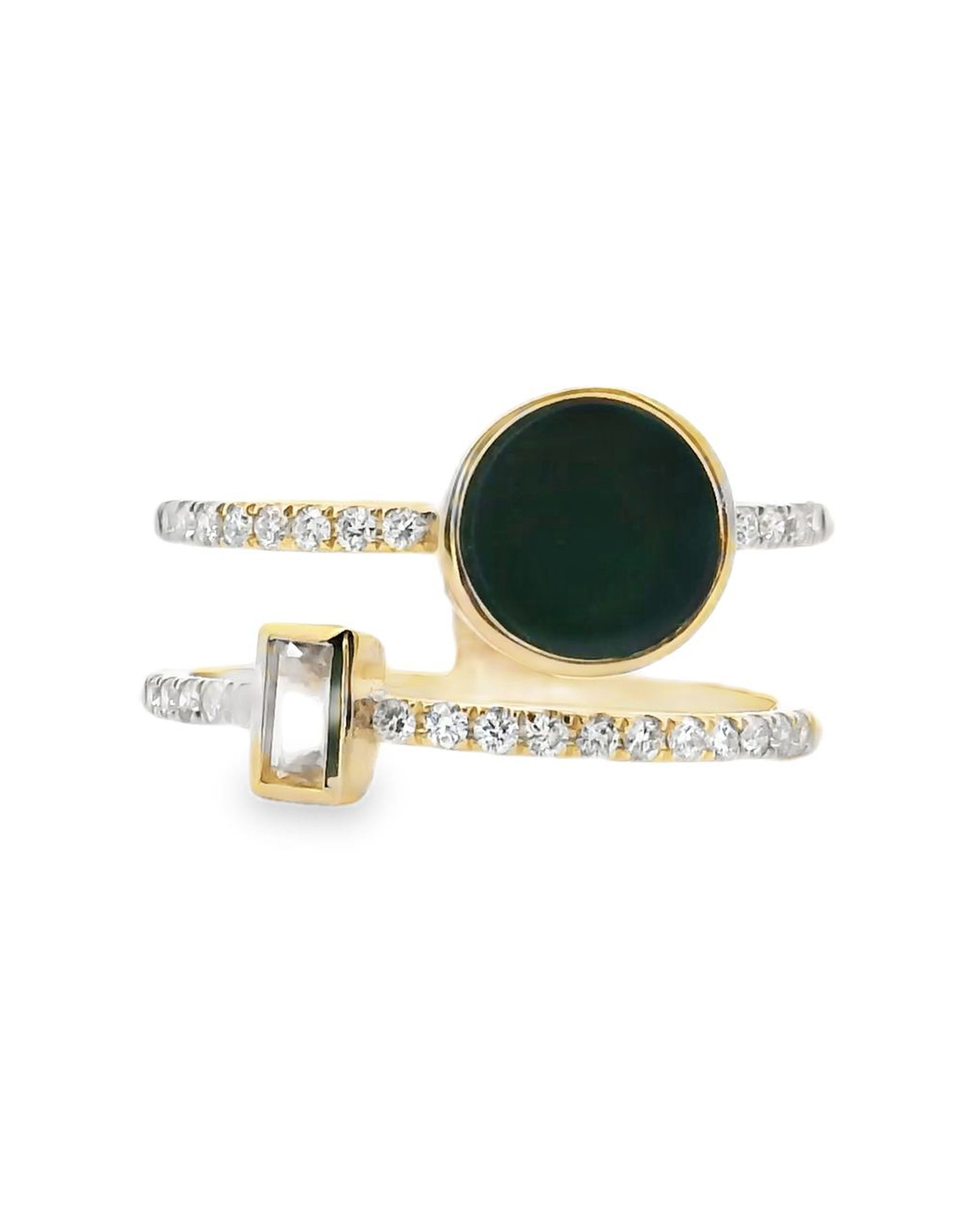 Round Black Onyx & Baguette White Topaz 14K Yellow Gold Double Row Diamond Ring