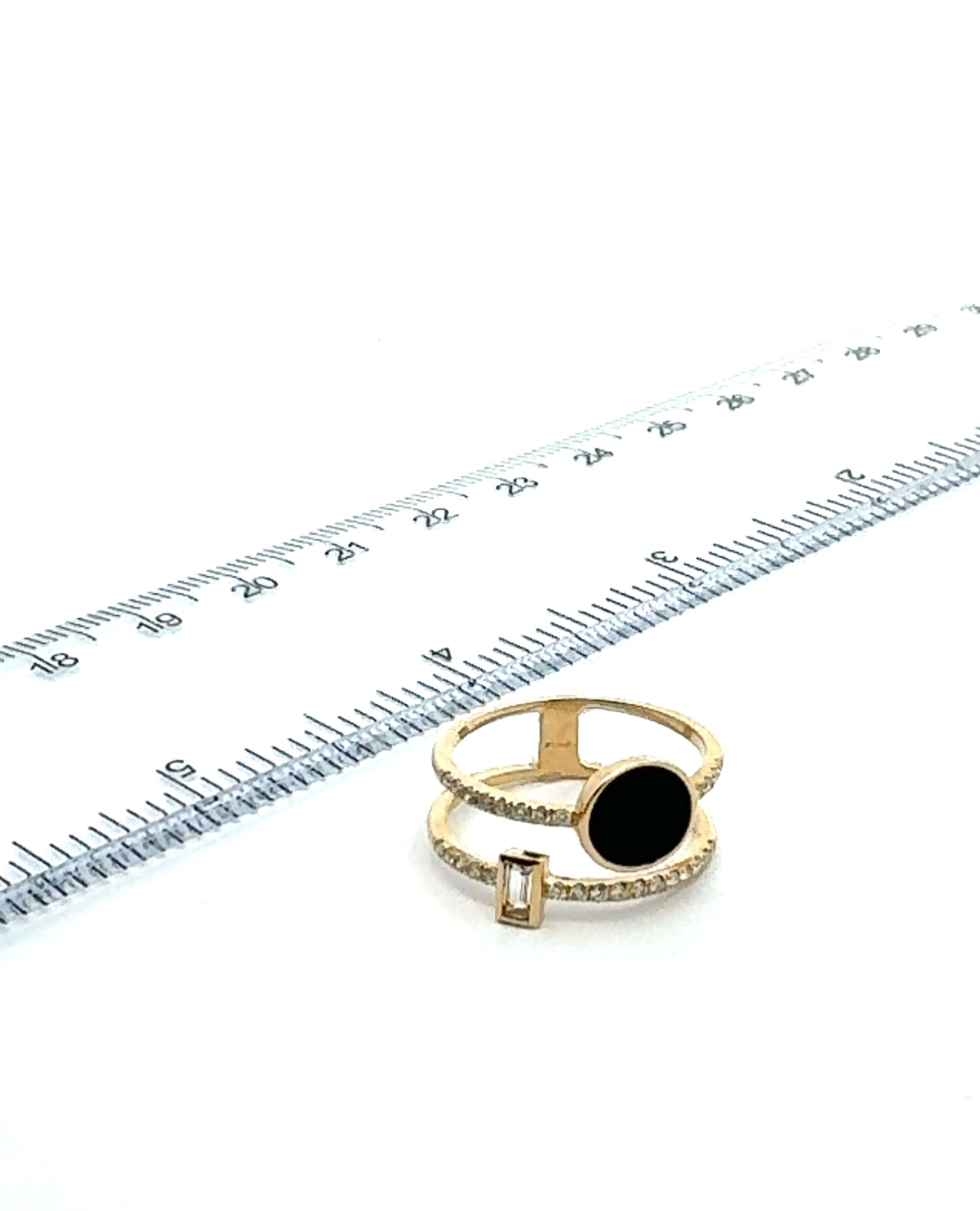 Round Black Onyx & Baguette White Topaz 14K Yellow Gold Double Row Diamond Ring