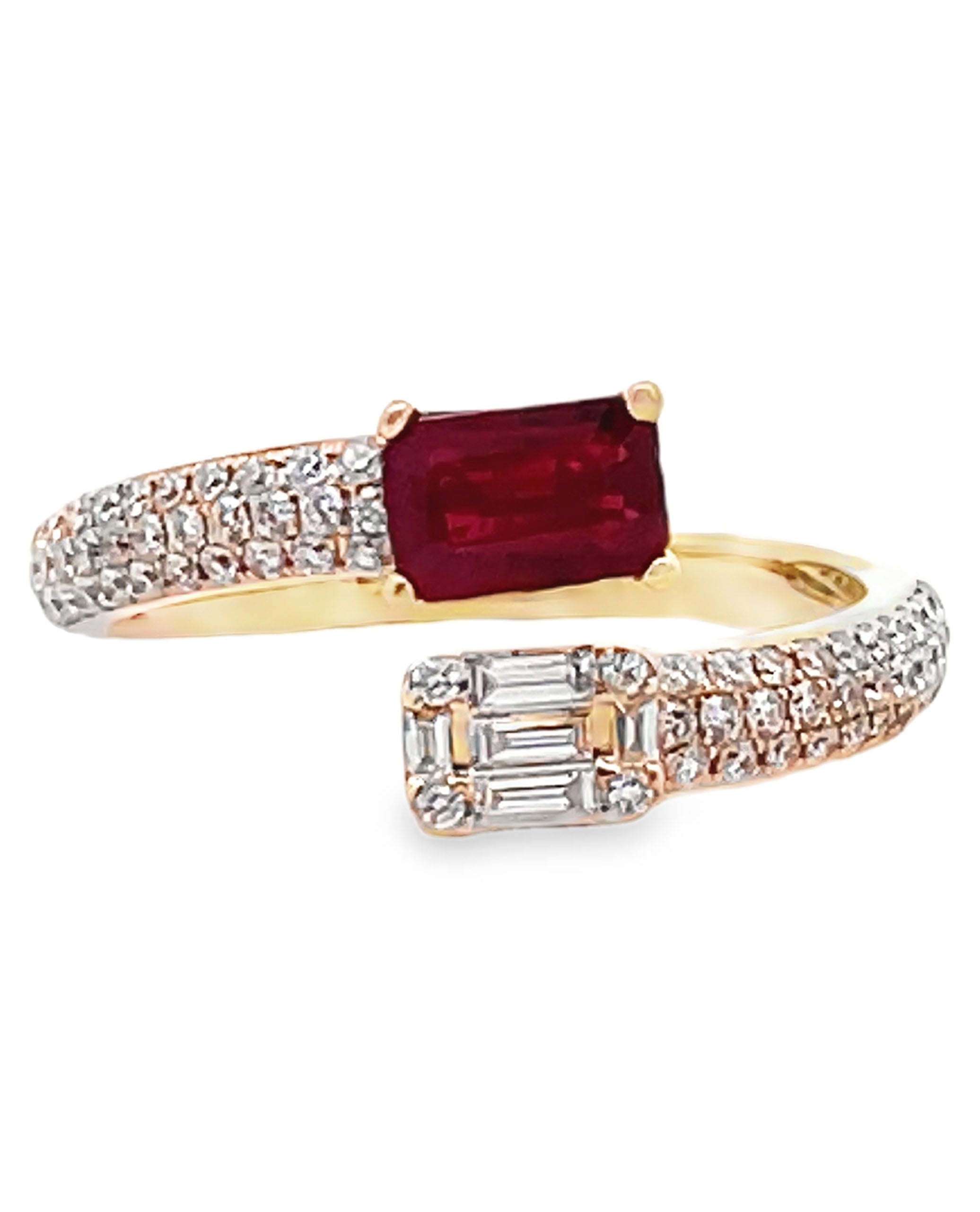 Emerald Cut Diamond and Step Cut Ruby Bypass Ring in 14K Yellow Gold