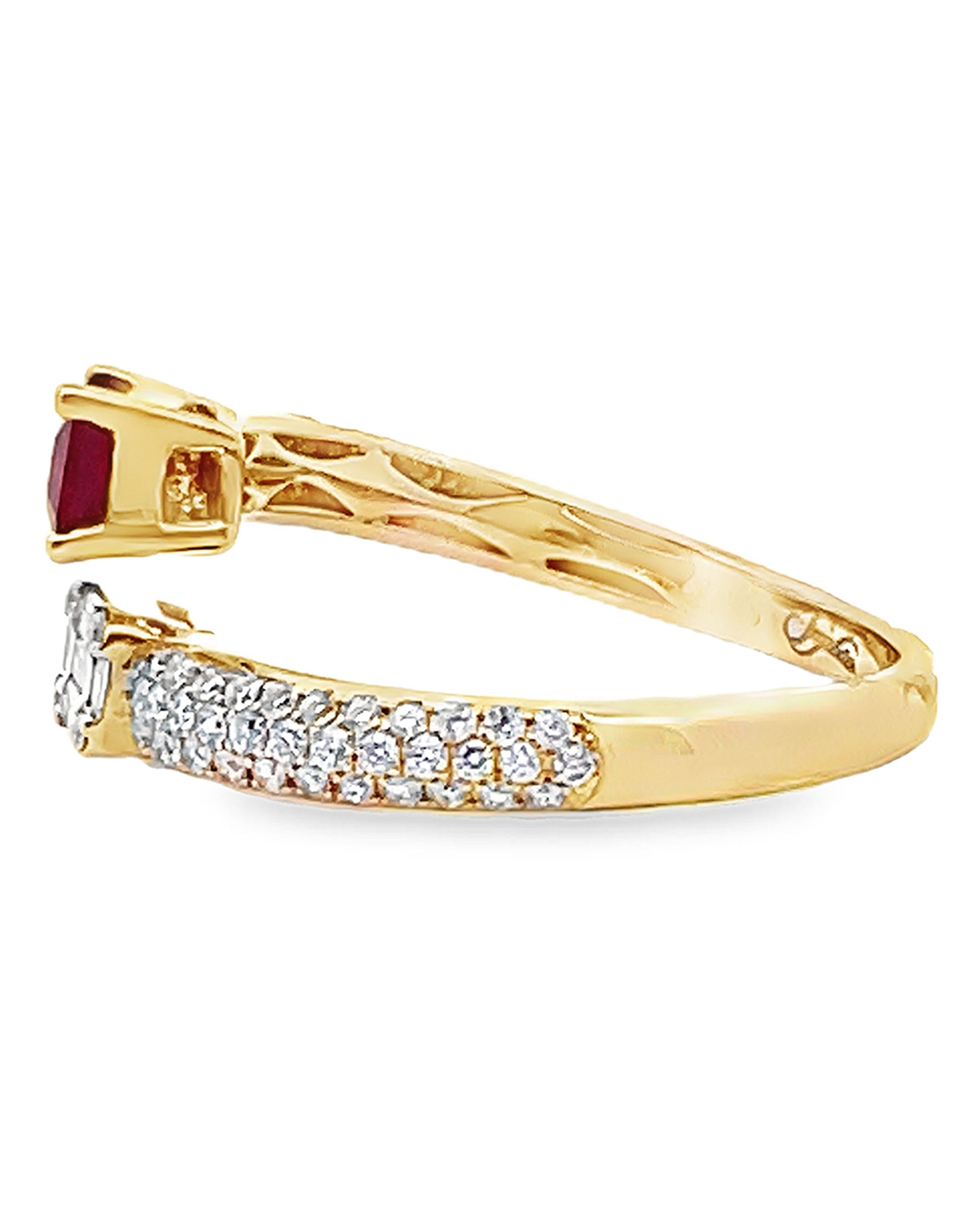 Emerald Cut Diamond and Step Cut Ruby Bypass Ring in 14K Yellow Gold