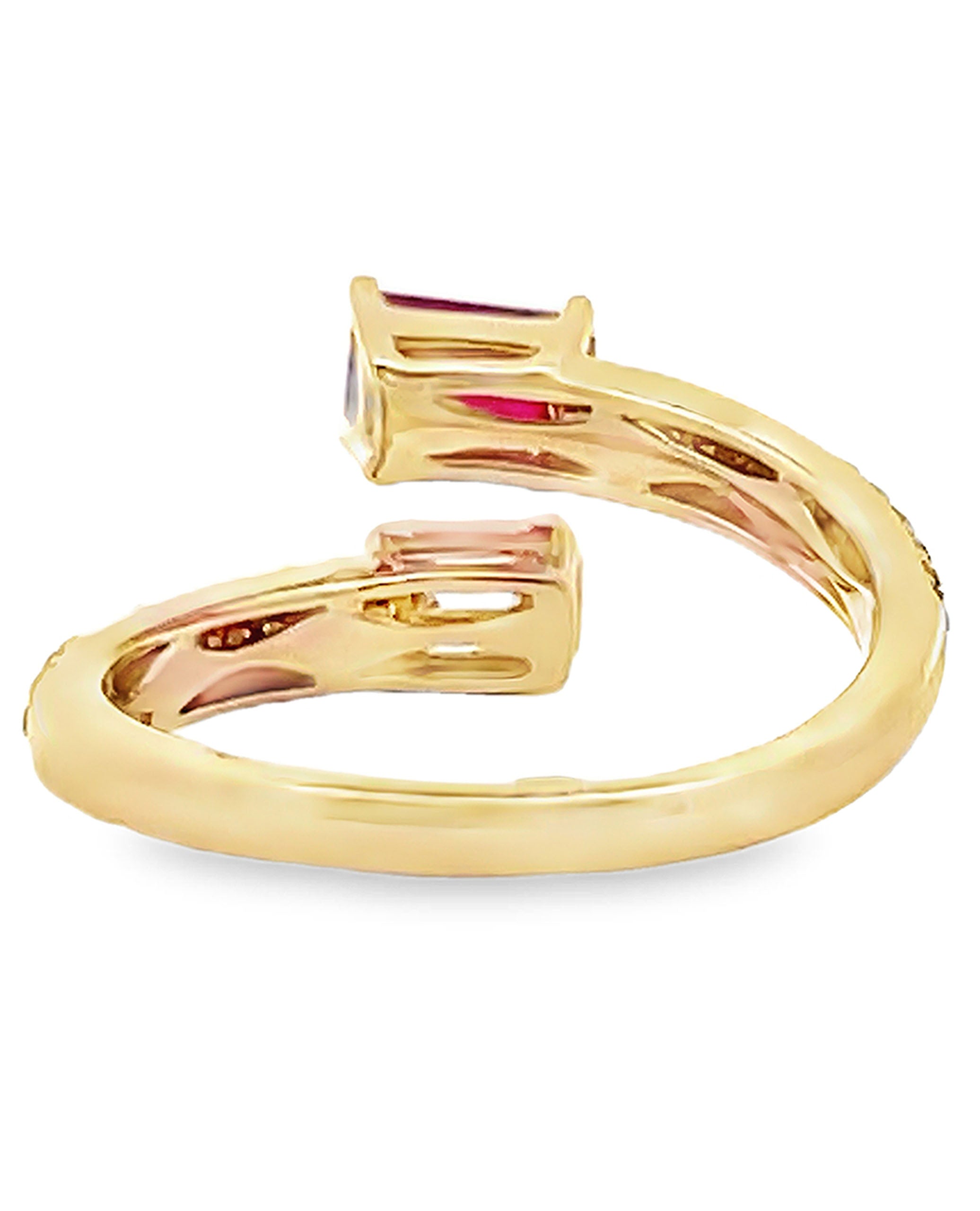 Emerald Cut Diamond and Step Cut Ruby Bypass Ring in 14K Yellow Gold