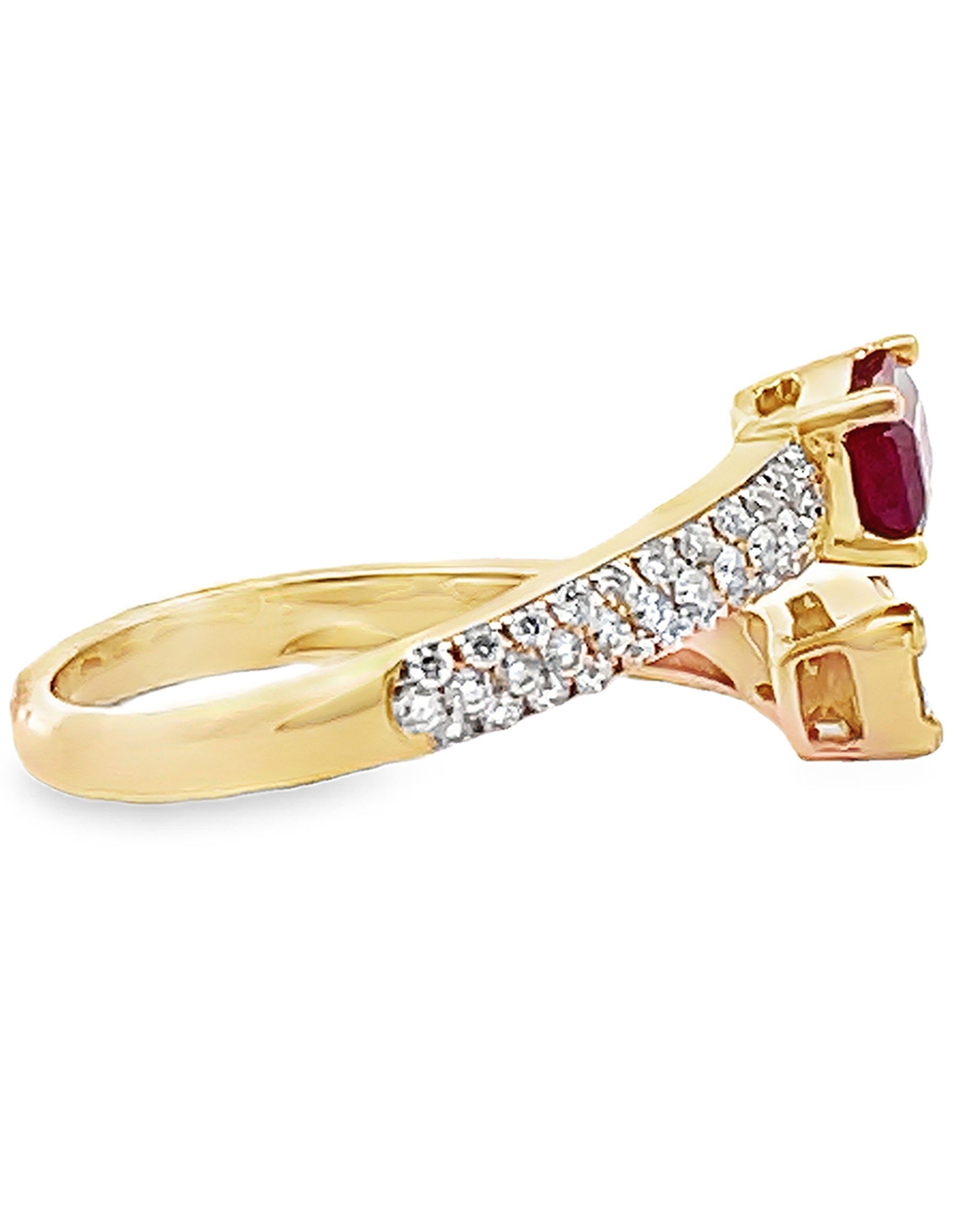 Emerald Cut Diamond and Step Cut Ruby Bypass Ring in 14K Yellow Gold