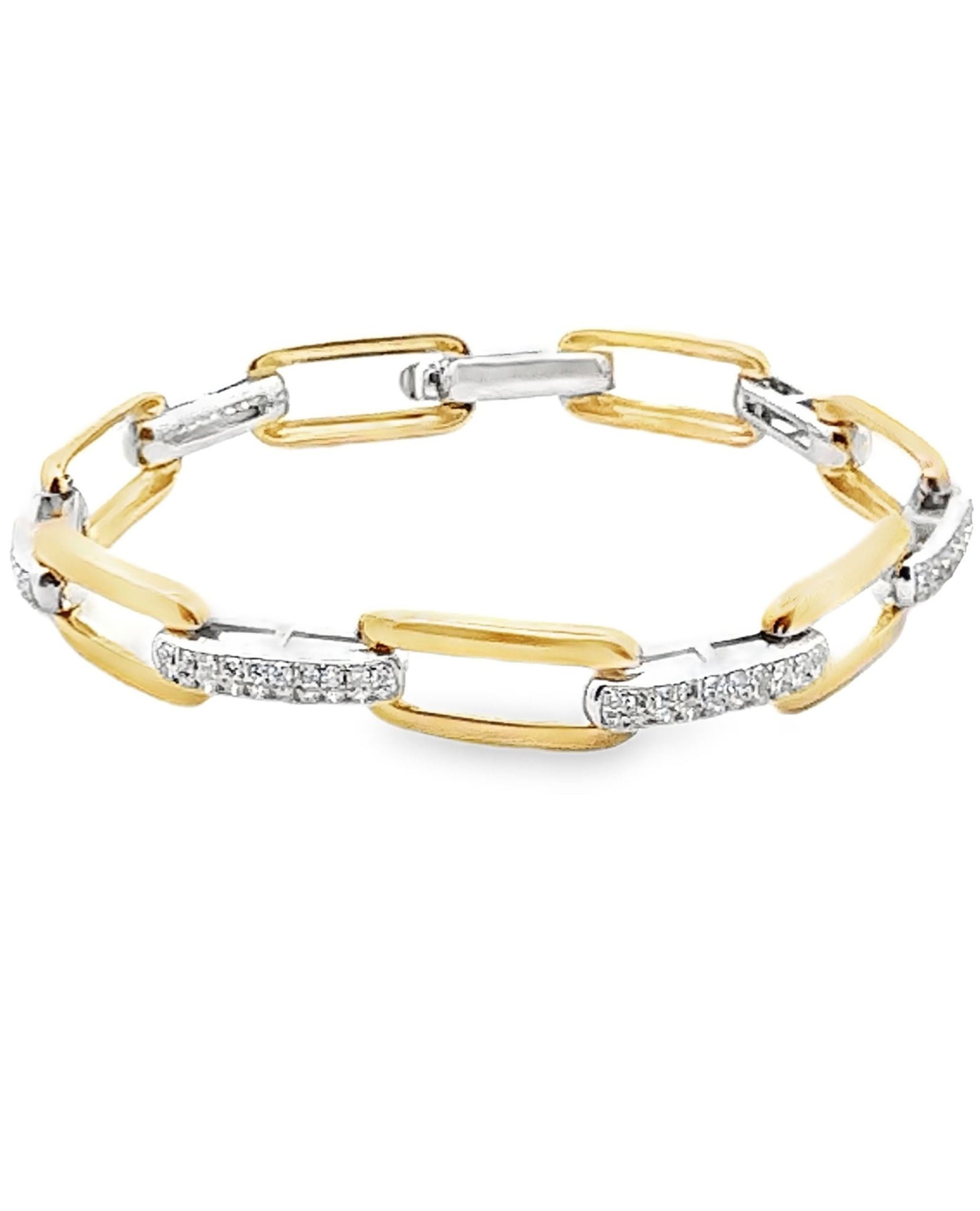Paperclip Bracelet with Pave Diamonds in 14K Yellow & White Gold & Hidden Clasp