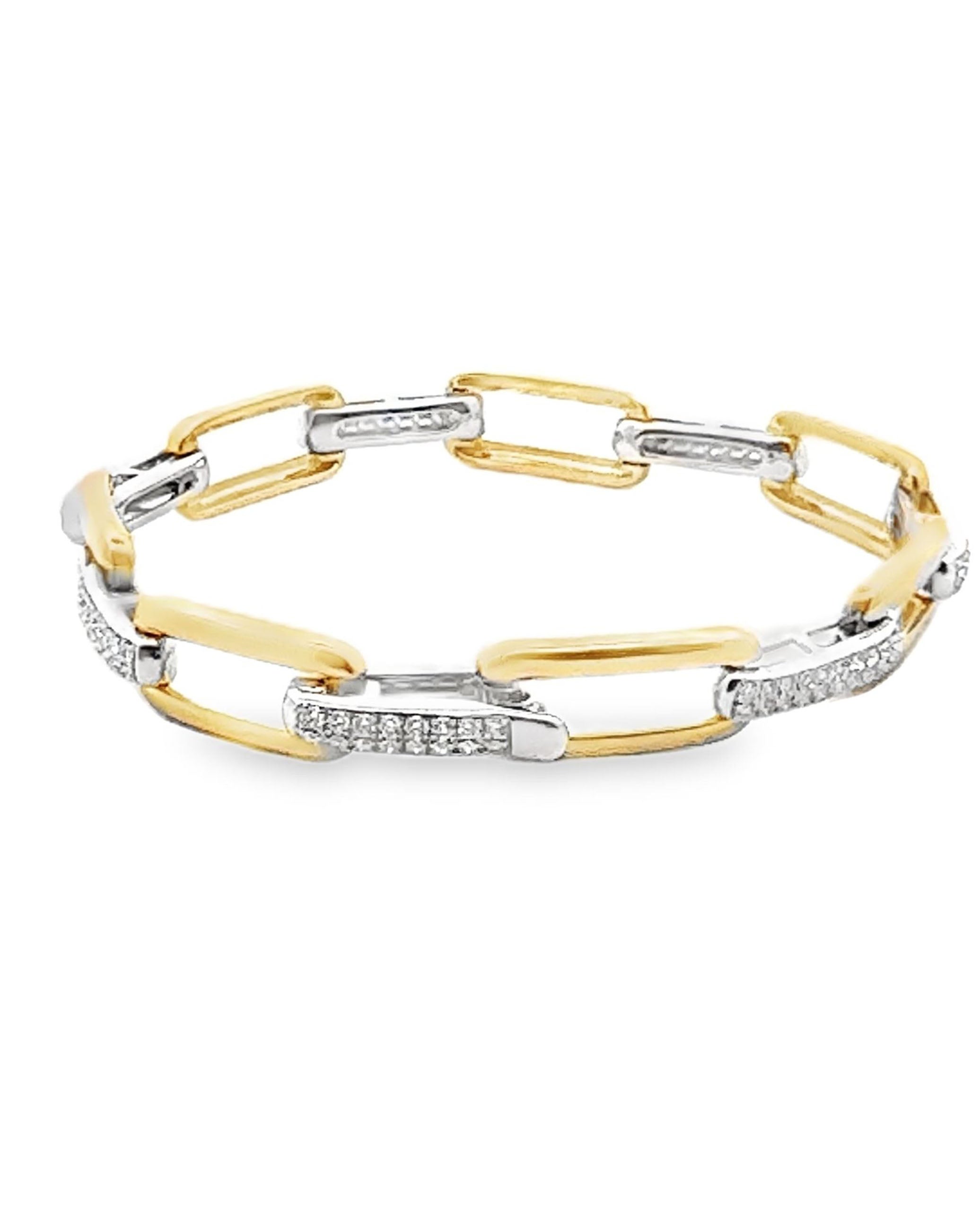 Paperclip Bracelet with Pave Diamonds in 14K Yellow & White Gold & Hidden Clasp