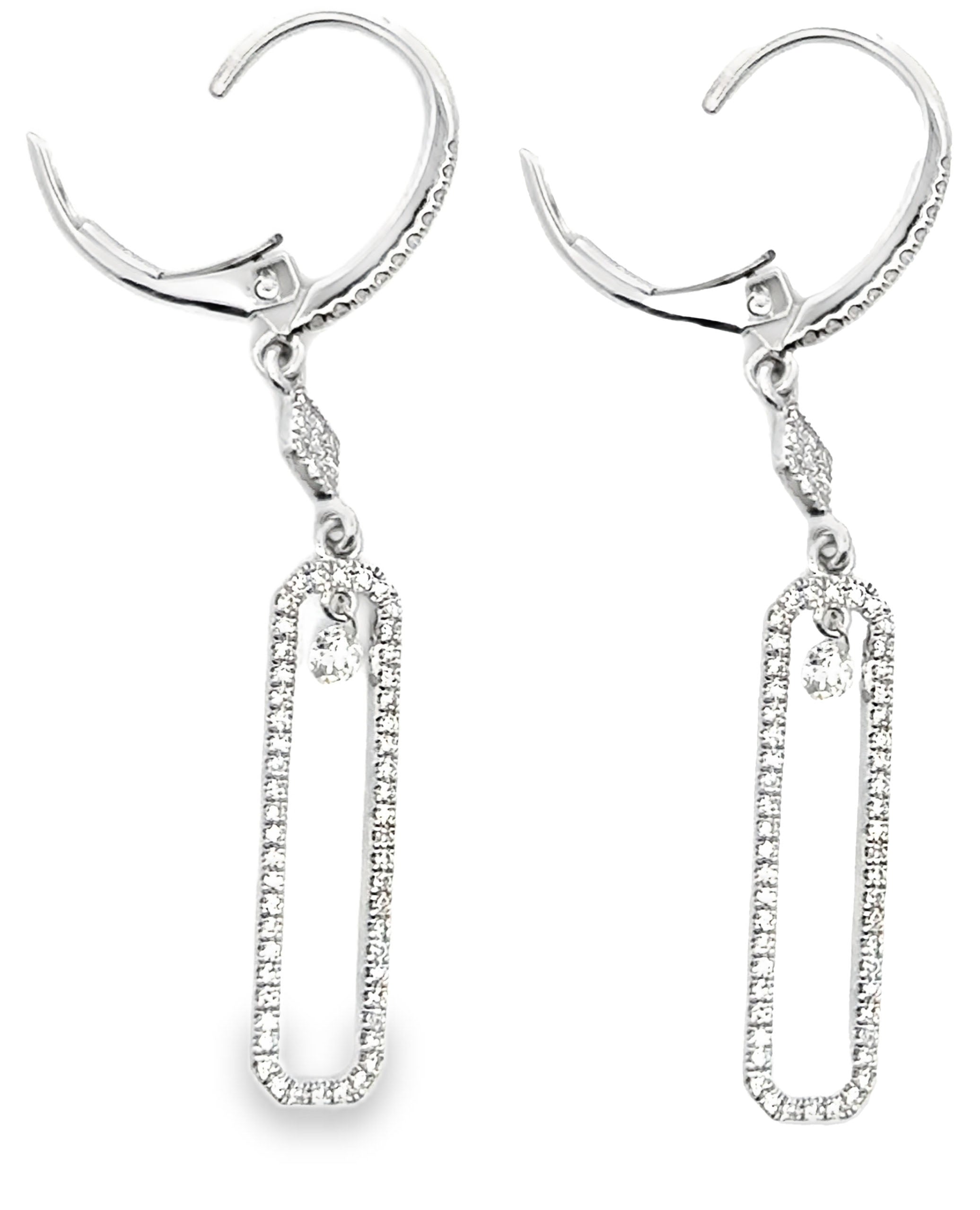 14K White Gold Dangle Paperclip Lever Back Earrings with Diamonds