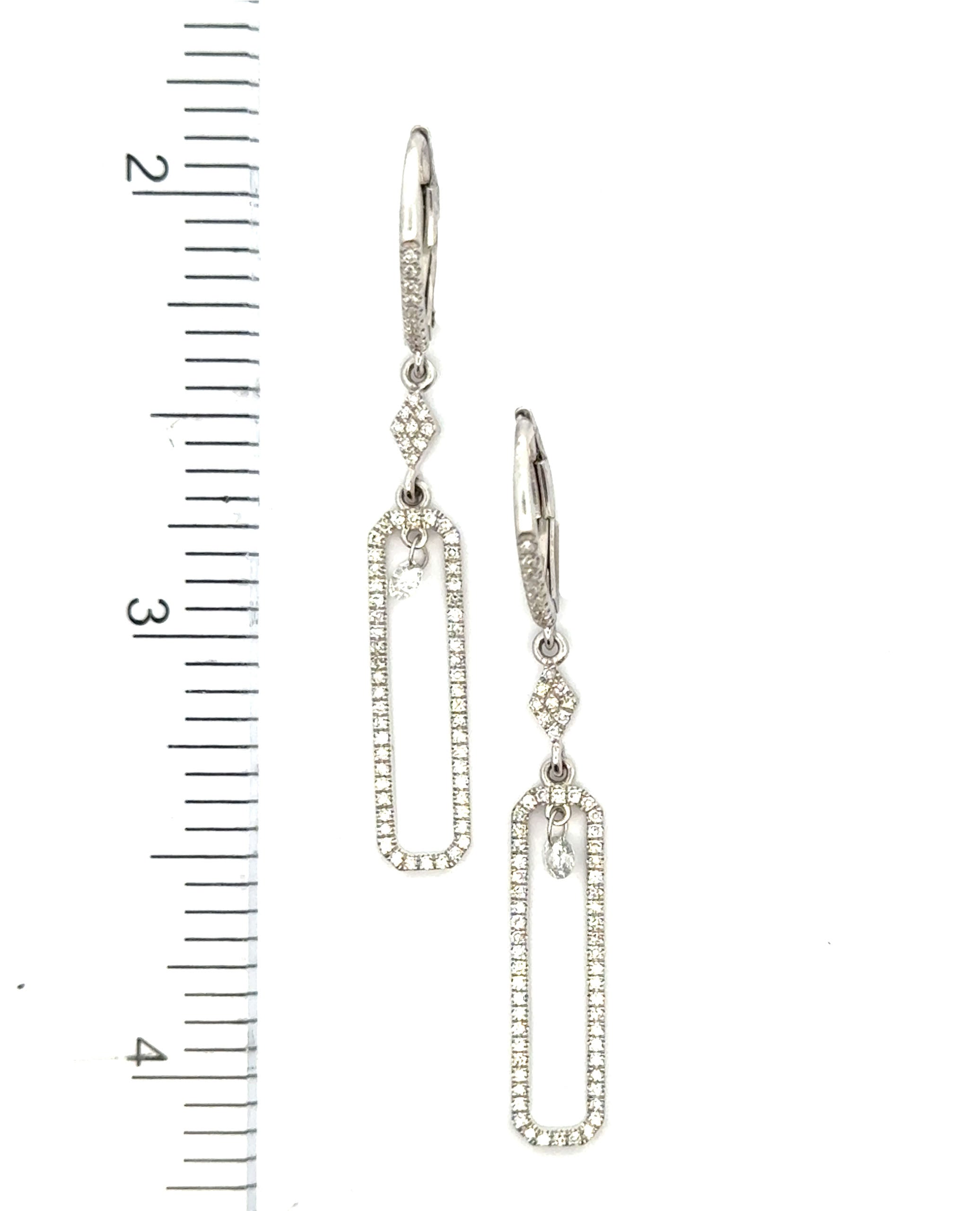 14K White Gold Dangle Paperclip Lever Back Earrings with Diamonds