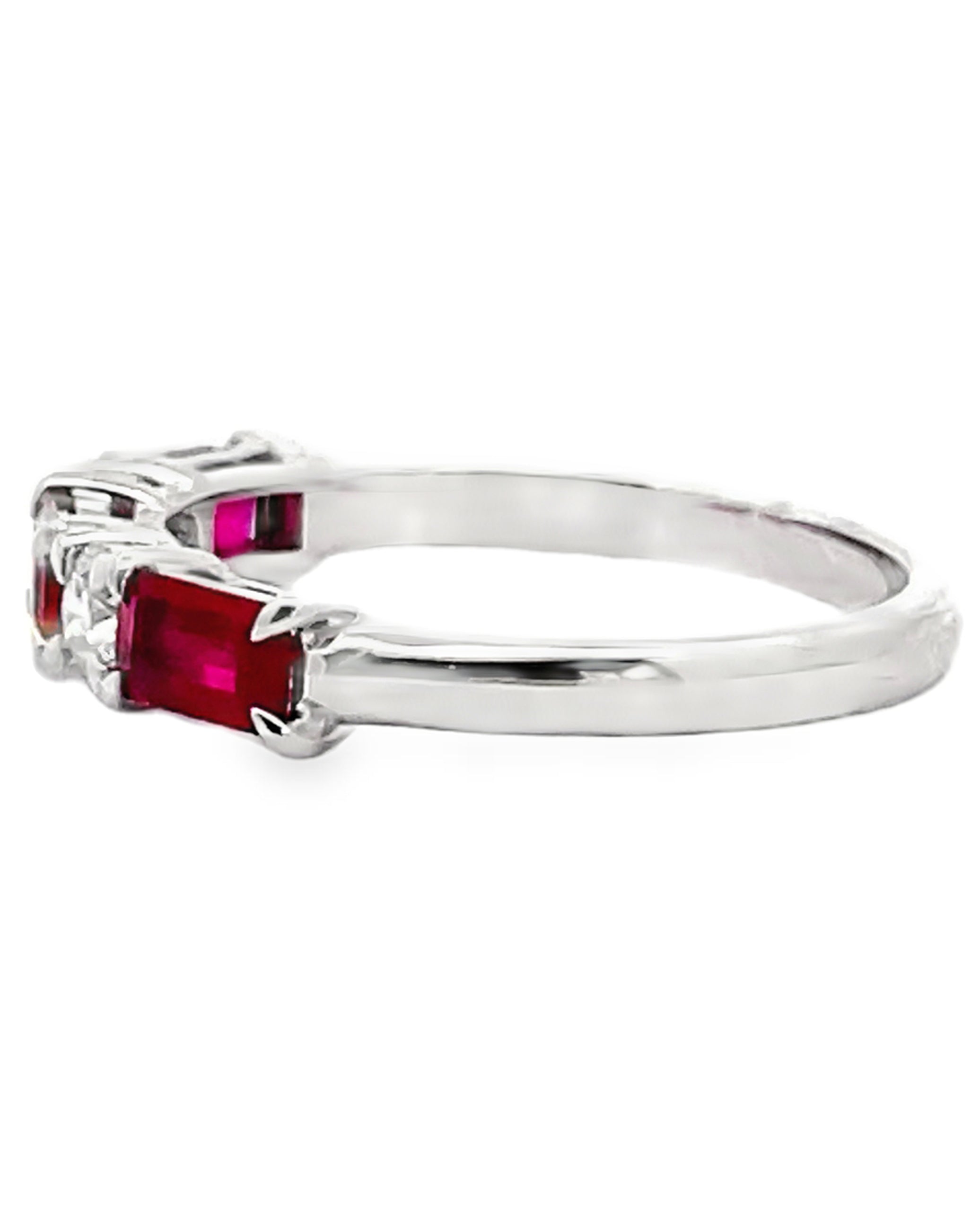 18K White Gold Ring with Single Row Alternating Rubies 0.90 Carats and Diamonds 0.21 Carats