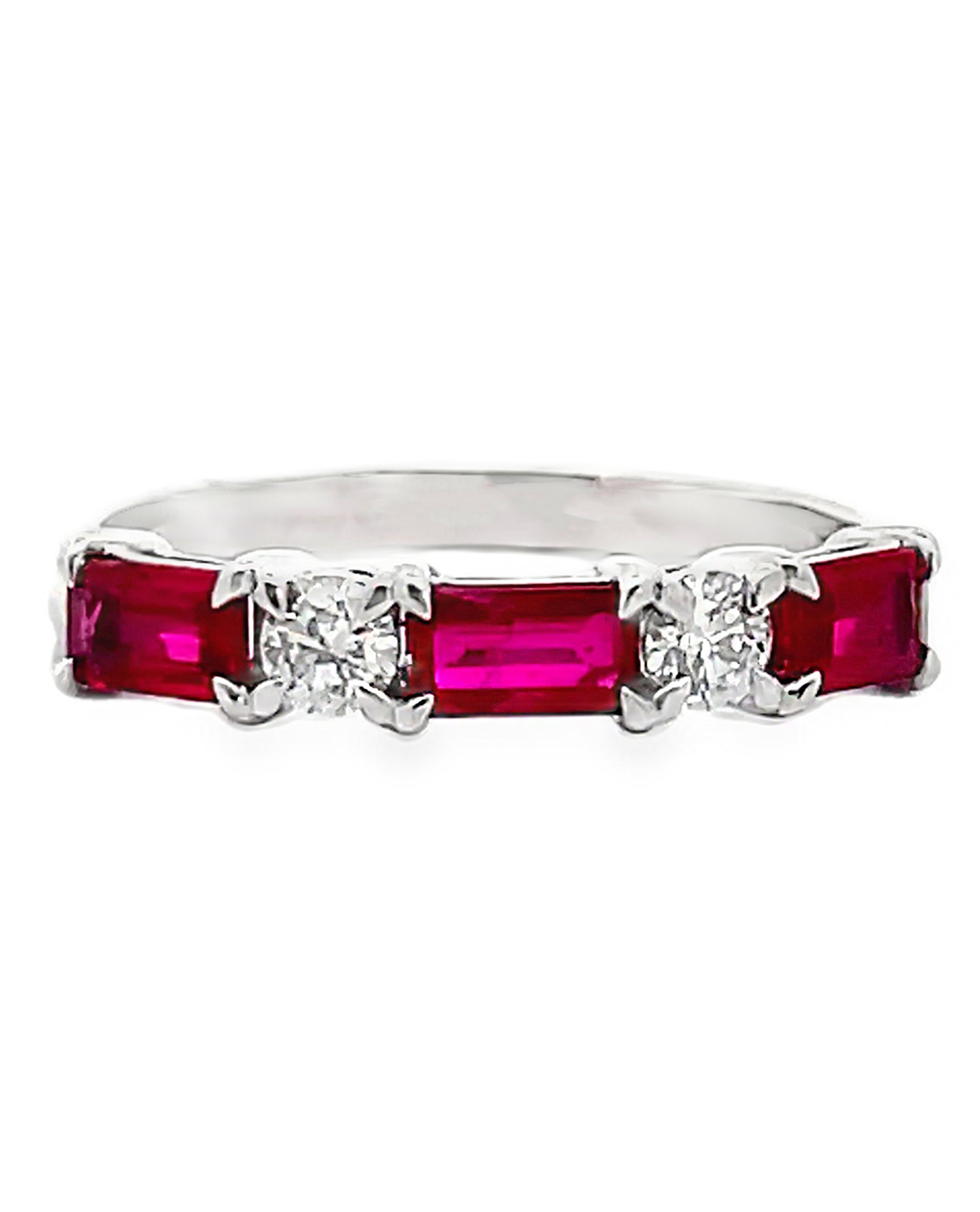 18K White Gold Ring with Single Row Alternating Rubies 0.90 Carats and Diamonds 0.21 Carats
