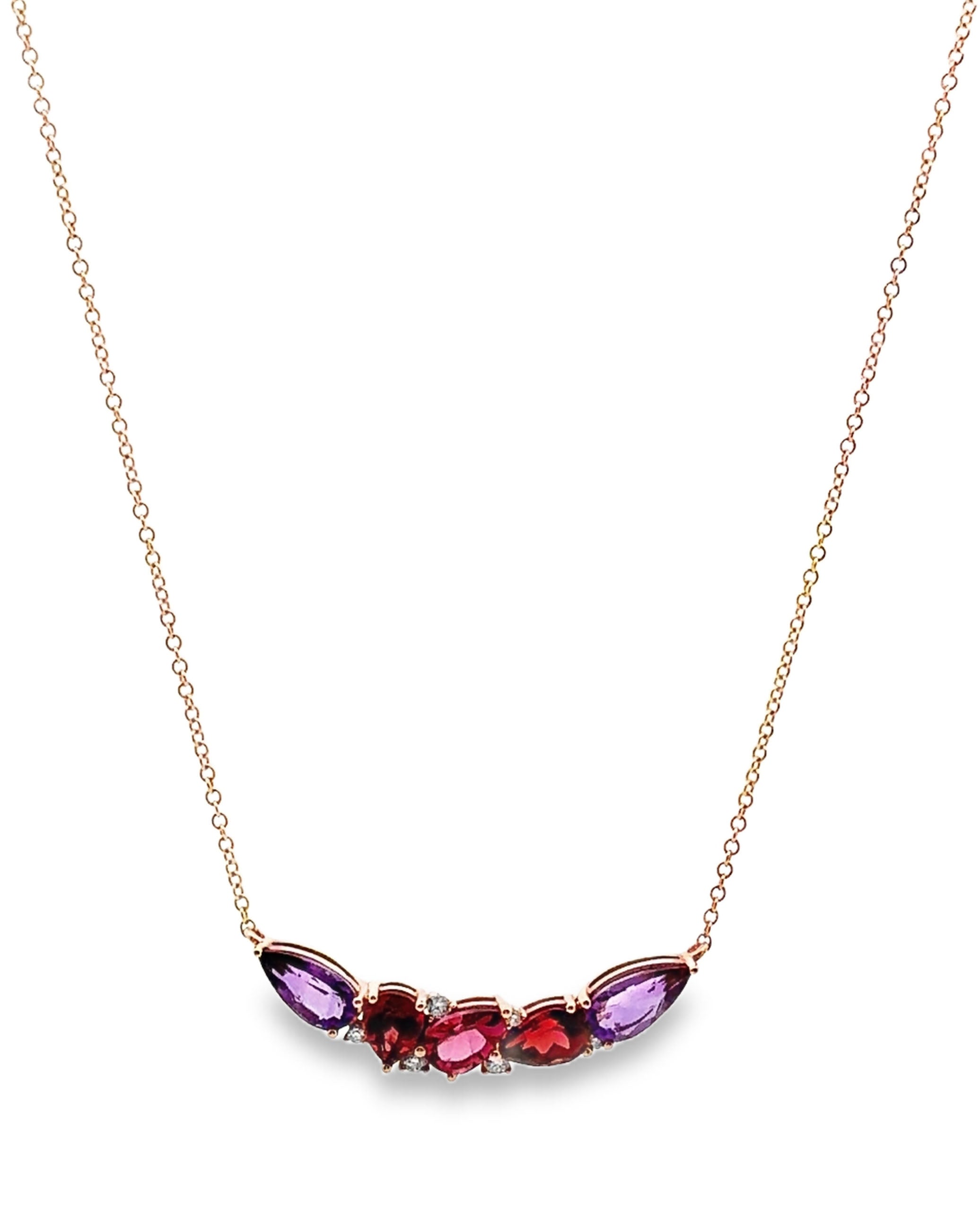 Allison Kaufman 14K Rose Gold Pendant Necklace Cascading Amethyst and Semi Precious Stones