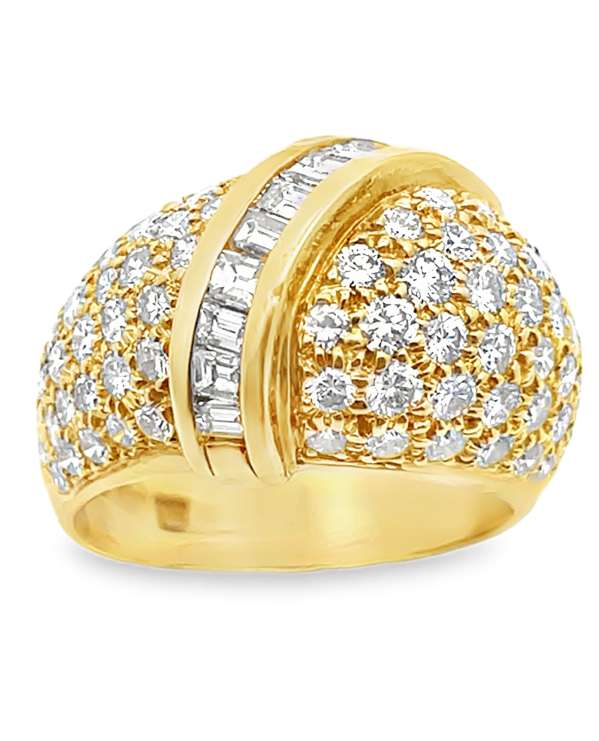 Vintage Dome Ring with Round and Baguette Diamonds 2.65 Carats in 18K Yellow Gold