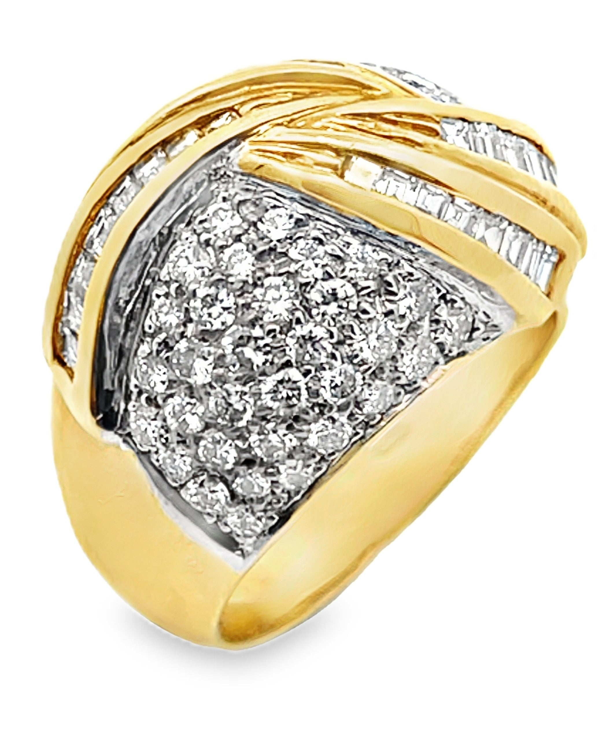 Vintage 2.15 Carat Round and Baguette Diamond Swirl Dome Ring in 18K Gold